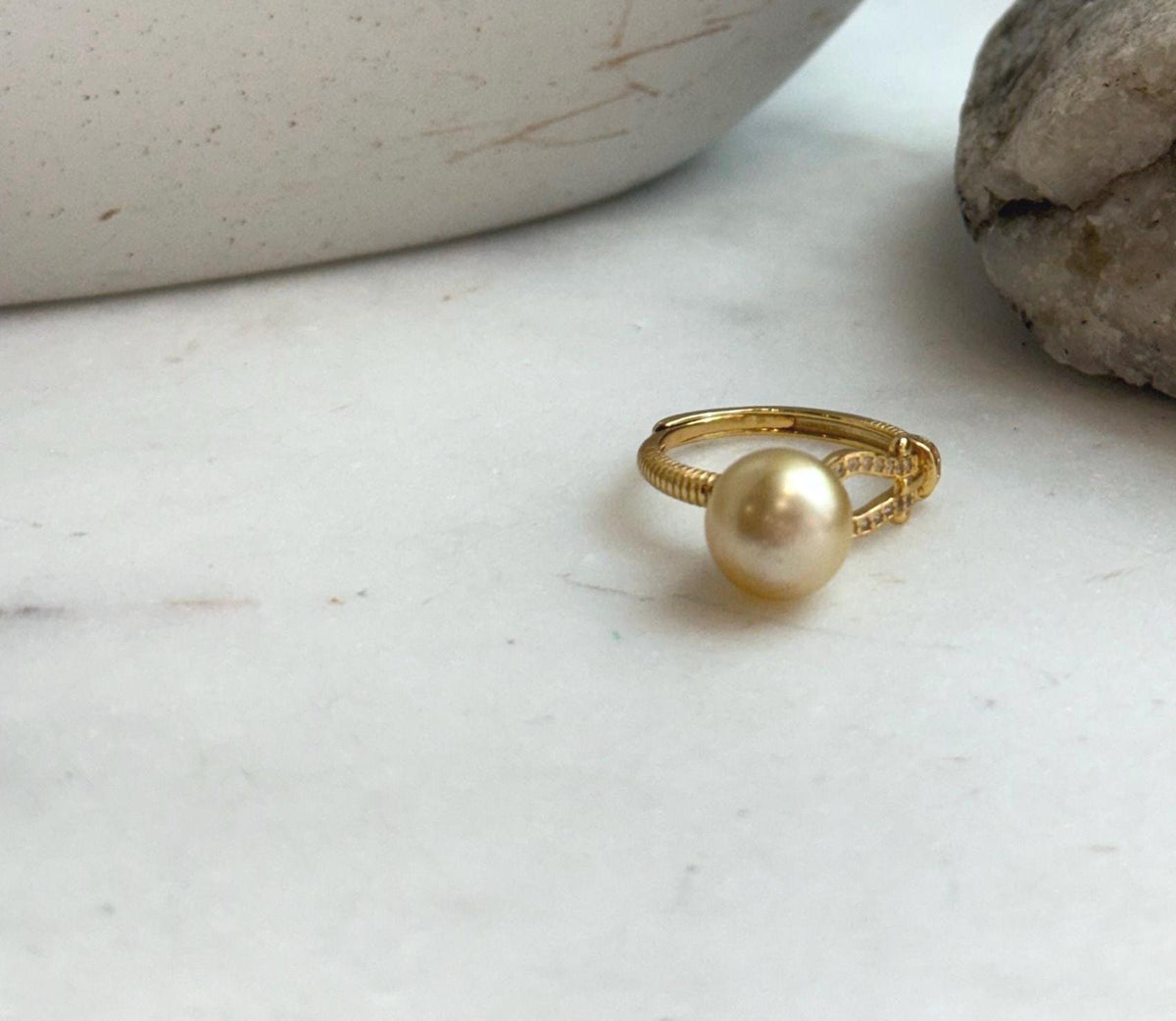 Elly’s 9.4mm South sea deep gold ocean pearl Ring: Extreme luster, S925 silver with gold plated adjustable Vintage Ring.
