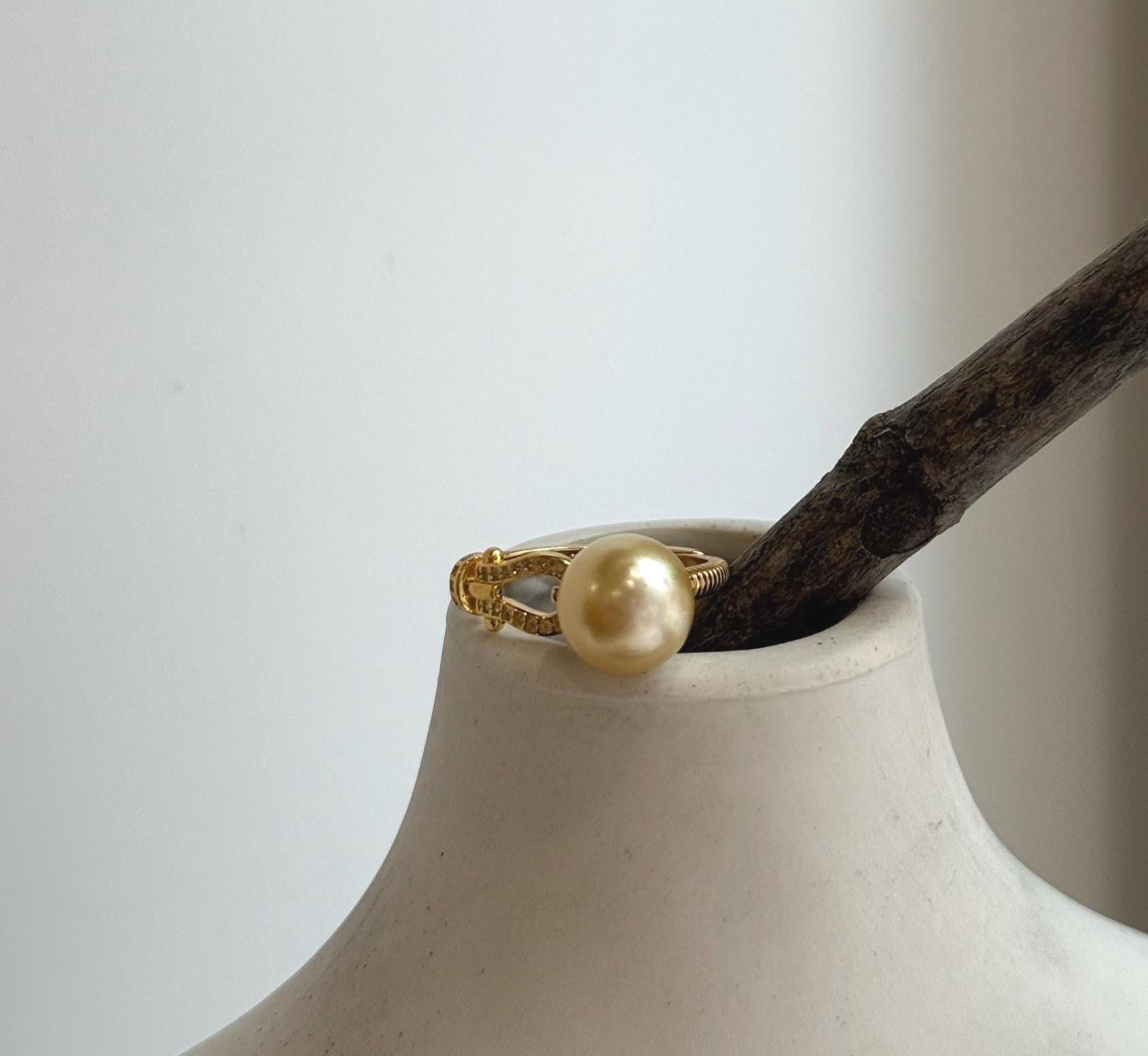 Elly’s 9.4mm South sea deep gold ocean pearl Ring: Extreme luster, S925 silver with gold plated adjustable Vintage Ring.
