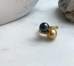 Elly’s Double South sea golden Tahitian ocean pearls Snake Ring : Extreme luster, 9.9-10.3mm, S925 silver adjustable minimalist Ring.