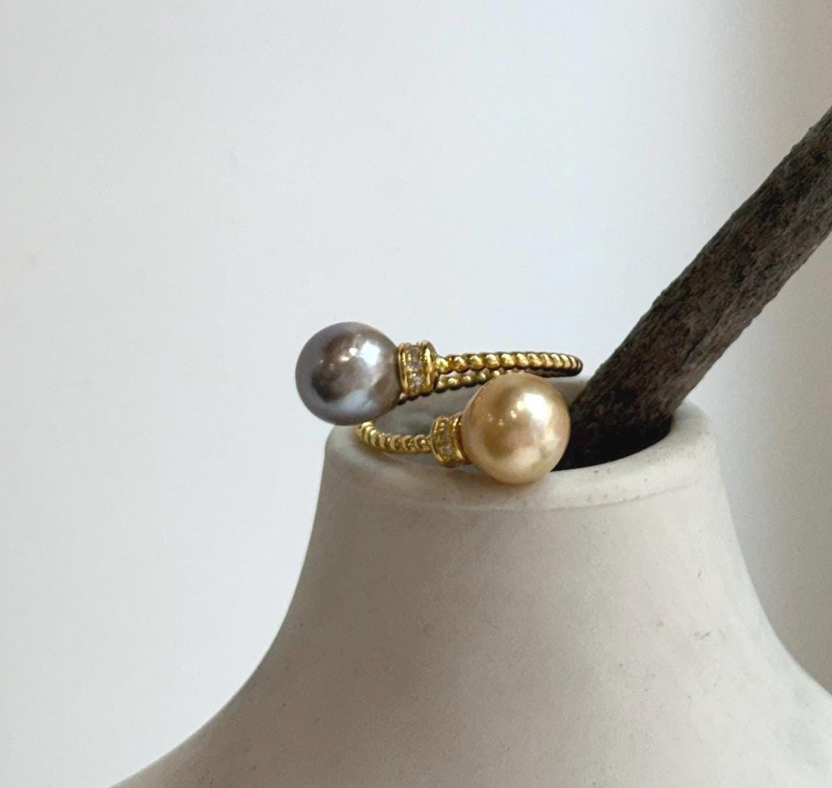 Elly’s Double South sea golden Tahitian ocean pearls Ring : Extreme luster, 8.7-9.2mm, S925 silver adjustable minimalist Ring.