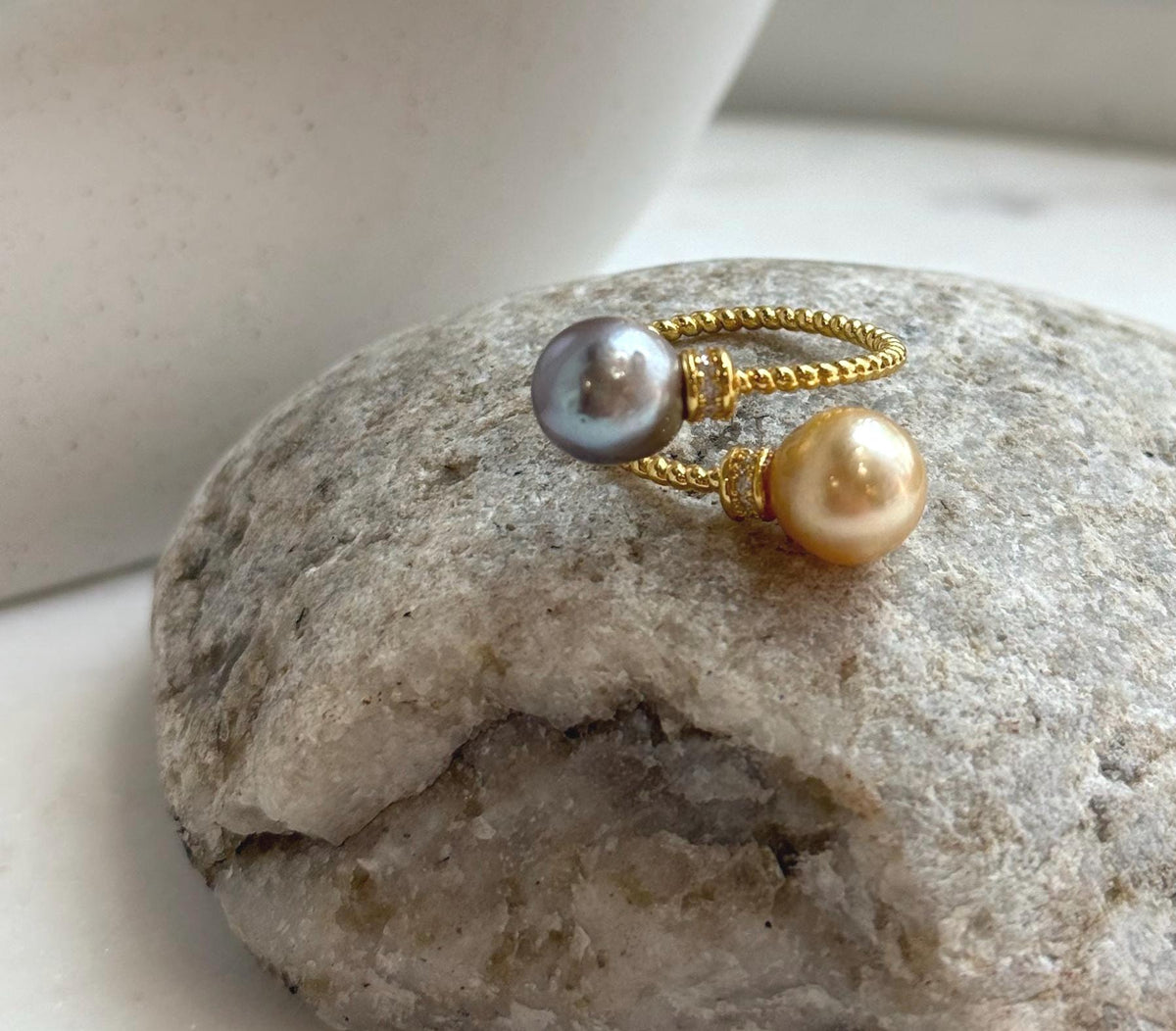 Elly’s Double South sea golden Tahitian ocean pearls Ring : Extreme luster, 8.7-9.2mm, S925 silver adjustable minimalist Ring.