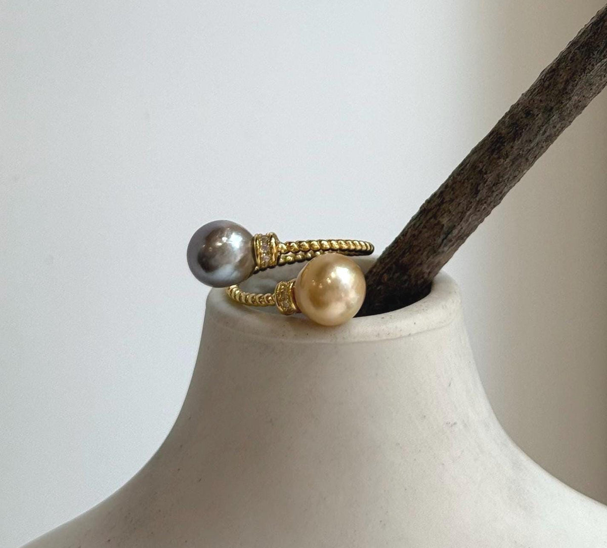 Elly’s Double South sea golden Tahitian ocean pearls Ring : Extreme luster, 8.7-9.2mm, S925 silver adjustable minimalist Ring.