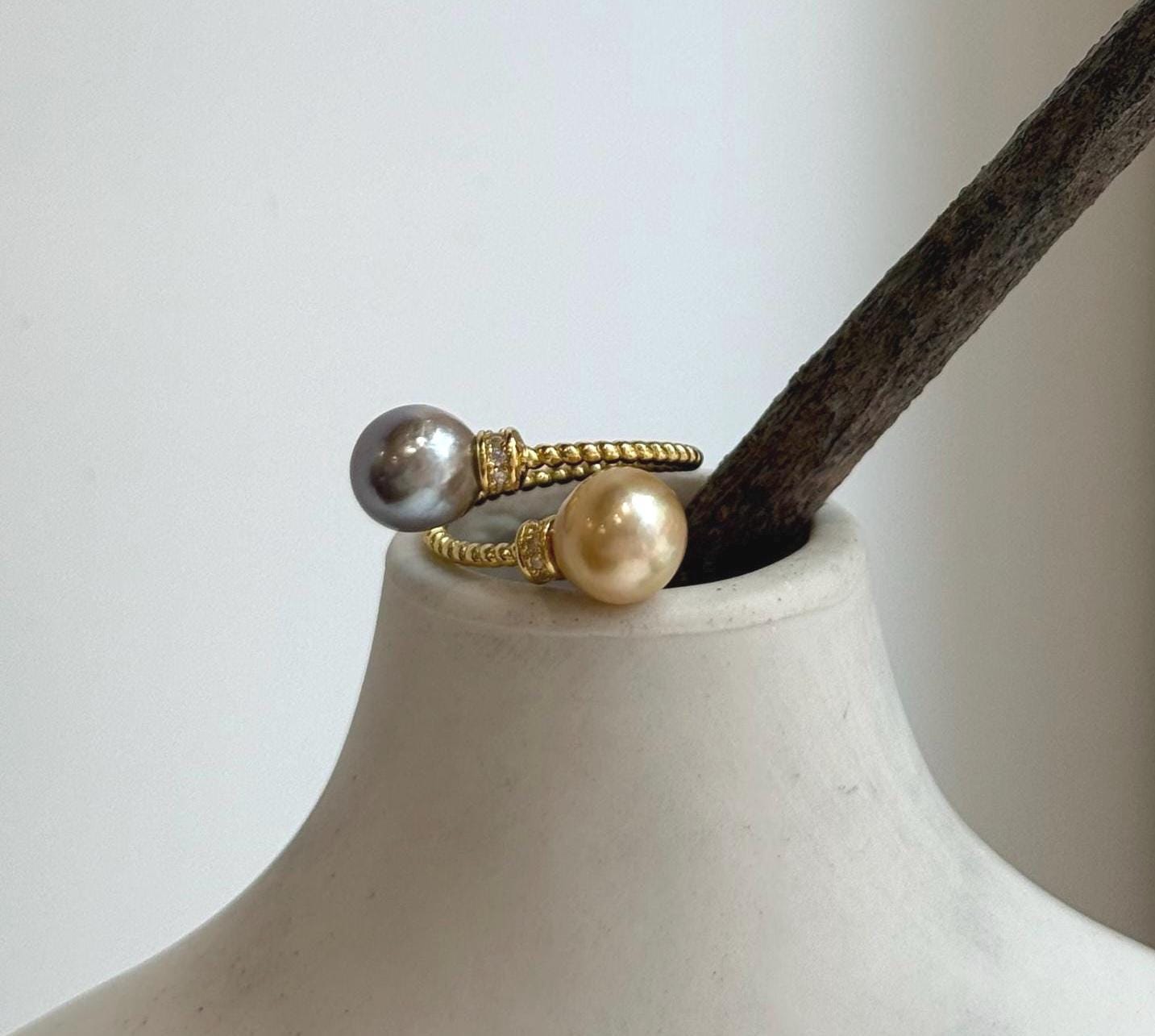 Elly’s Double South sea golden Tahitian ocean pearls Ring : Extreme luster, 8.7-9.2mm, S925 silver adjustable minimalist Ring.