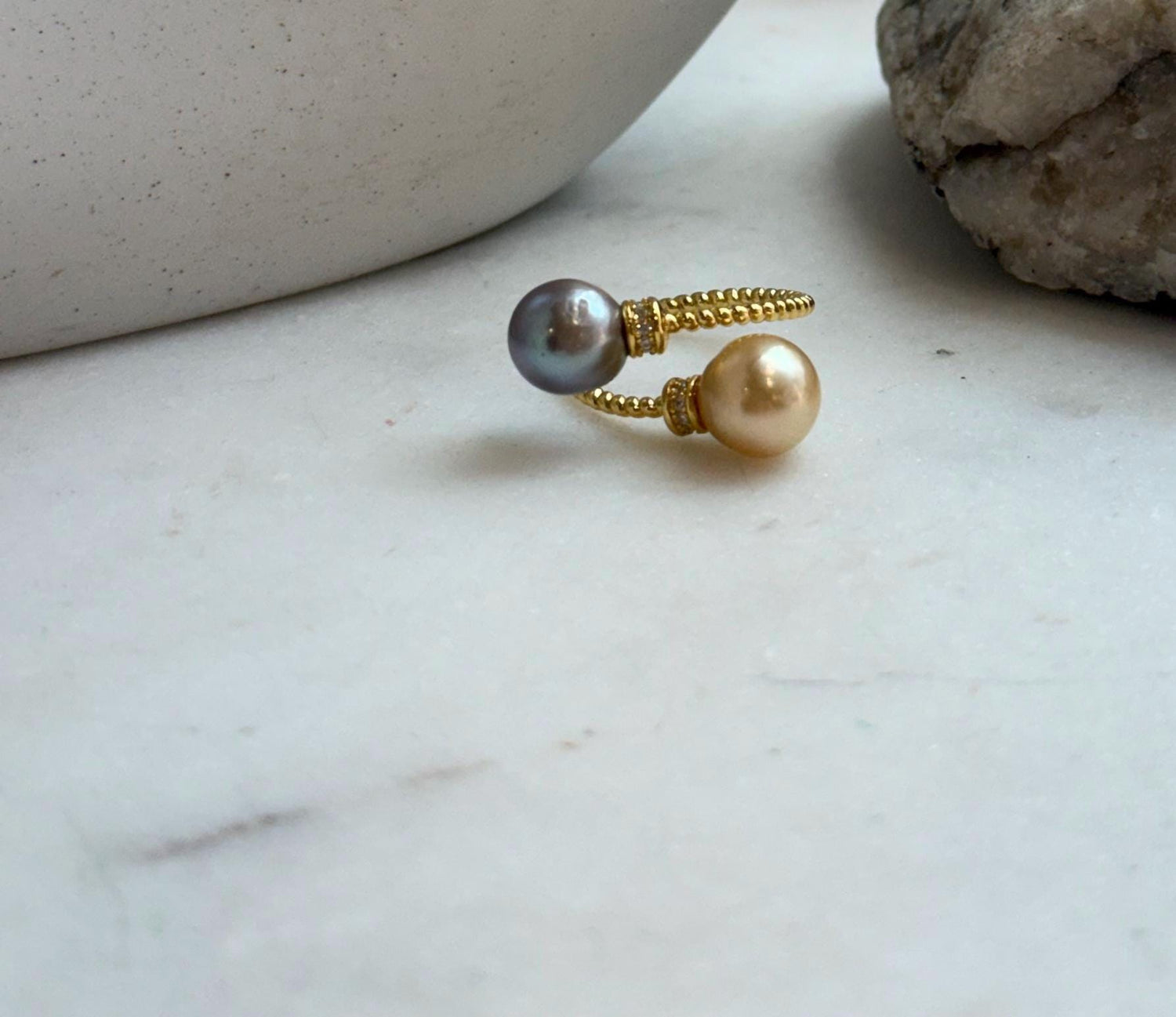 Elly’s Double South sea golden Tahitian ocean pearls Ring : Extreme luster, 8.7-9.2mm, S925 silver adjustable minimalist Ring.