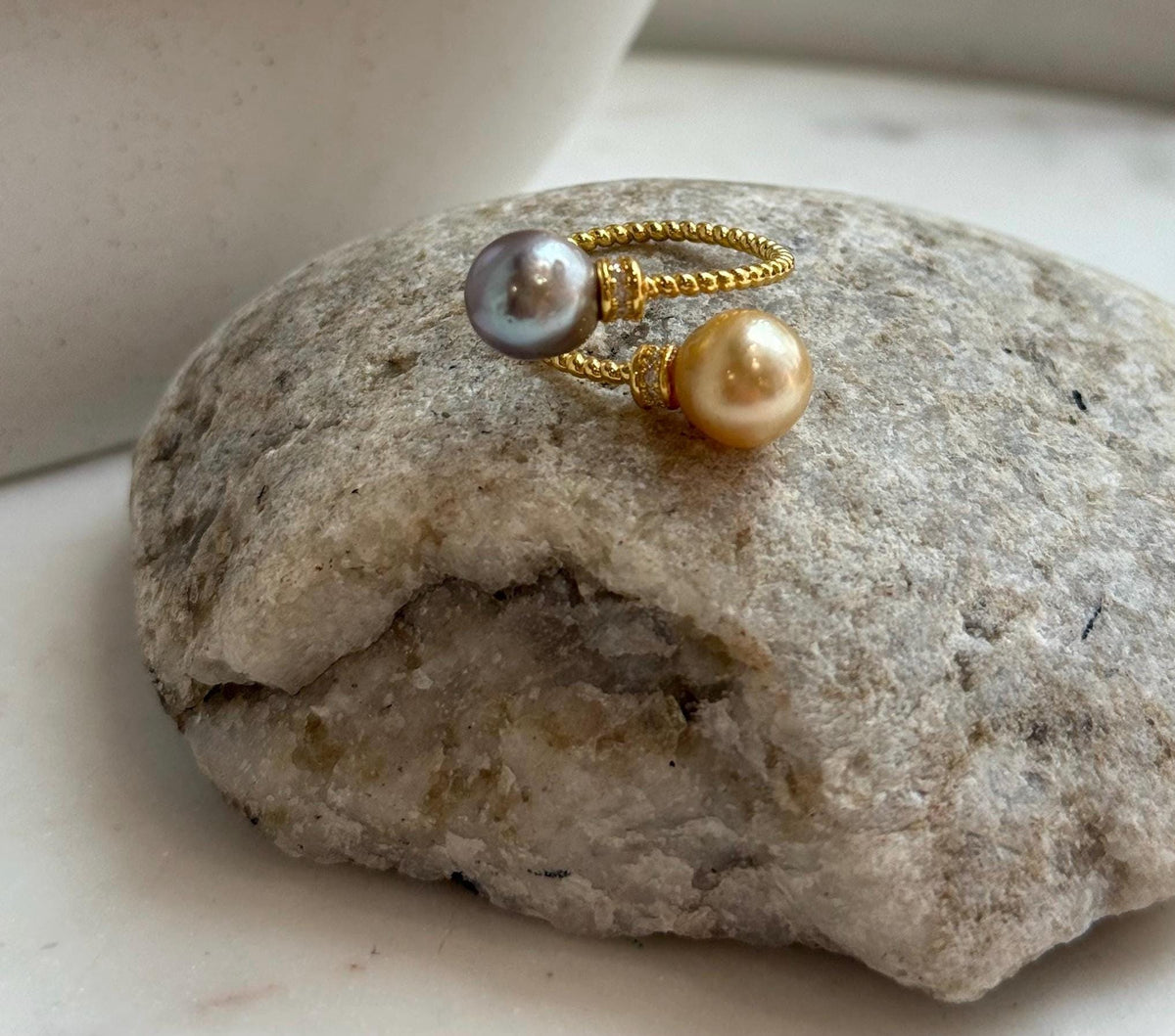 Elly’s Double South sea golden Tahitian ocean pearls Ring : Extreme luster, 8.7-9.2mm, S925 silver adjustable minimalist Ring.