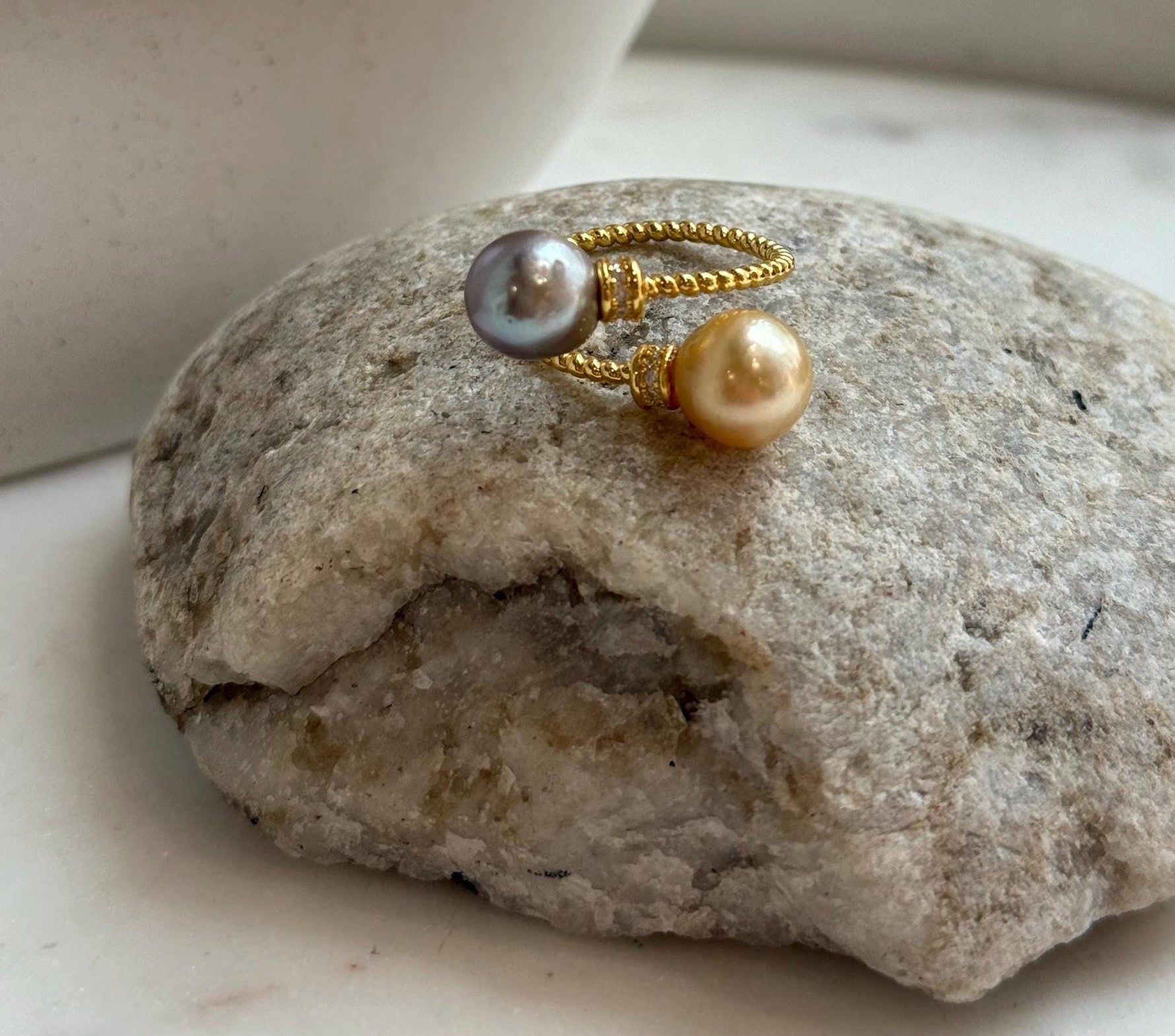 Elly’s Double South sea golden Tahitian ocean pearls Ring : Extreme luster, 8.7-9.2mm, S925 silver adjustable minimalist Ring.