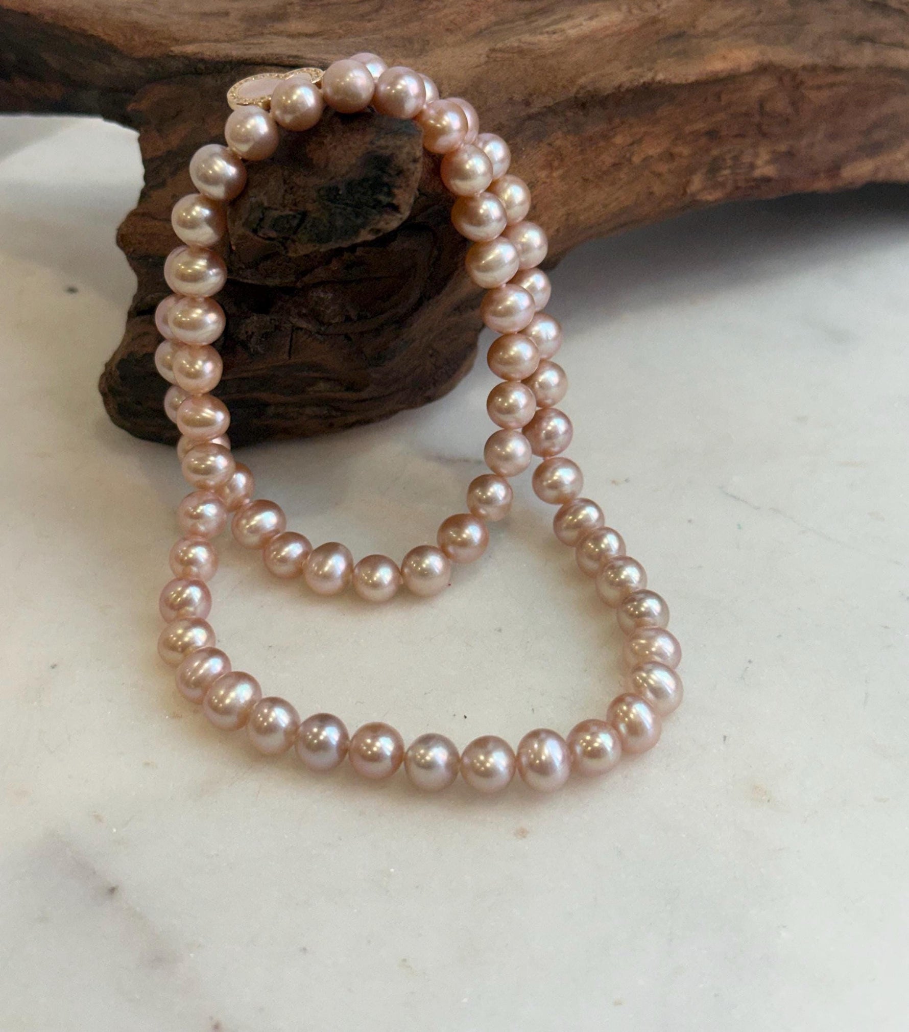 Natural rose pearl strand necklace with S925 sterling silver clasp