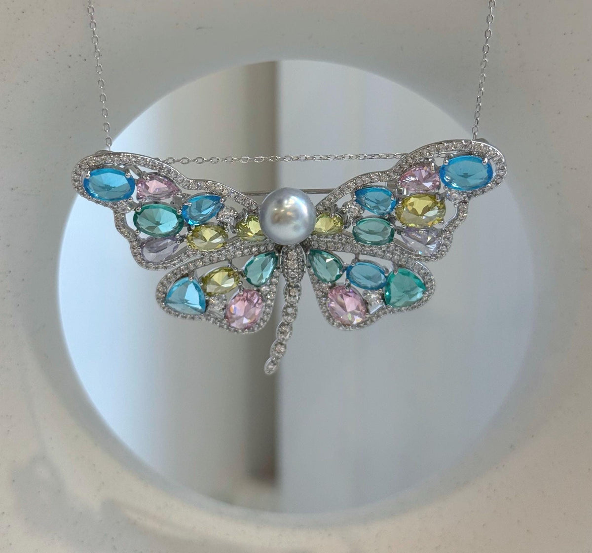 Natural blue silver Akoya pearl butterfly brooch