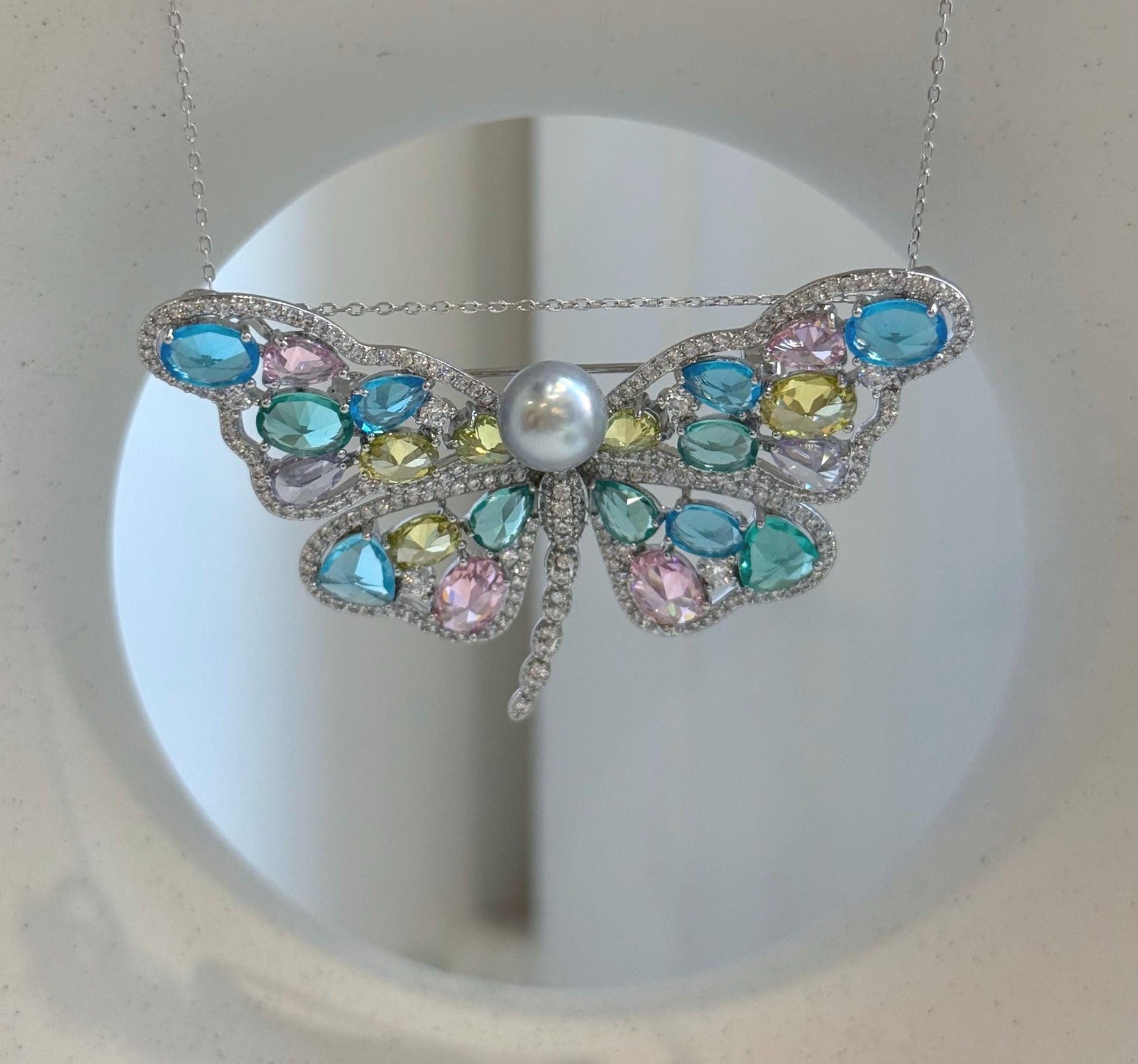 Natural blue silver Akoya pearl butterfly brooch