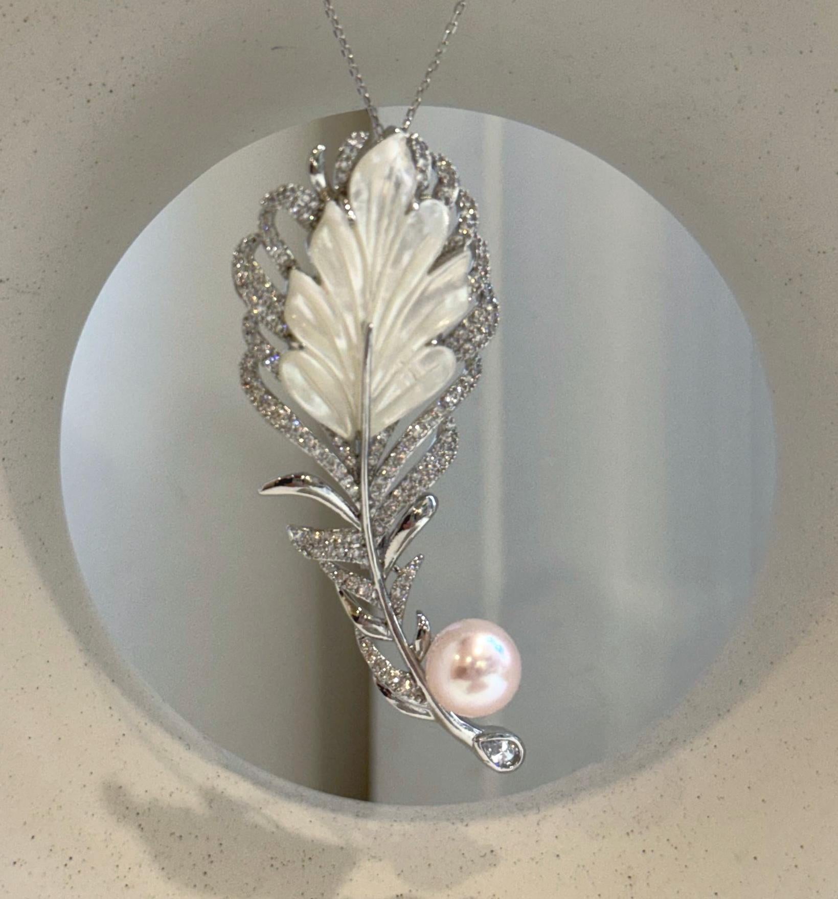 Convertible 2-in-1 pearl jewelry worn as both a brooch and pendant necklace.