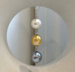 Tri South Sea Golden Tahitian Australian White pearl pendant with mirror luster on S925 silver necklace.