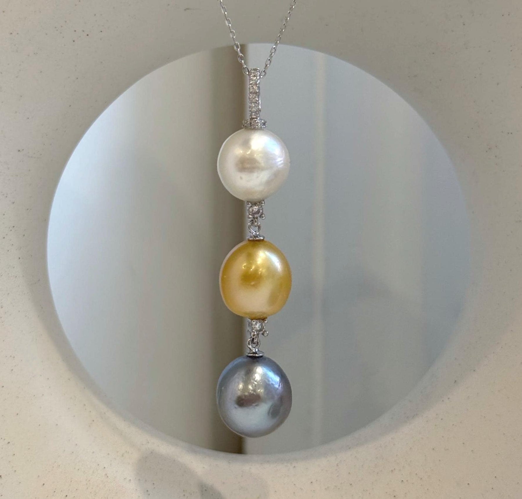 Tri South Sea Golden Tahitian Australian White pearl pendant with mirror luster on S925 silver necklace.