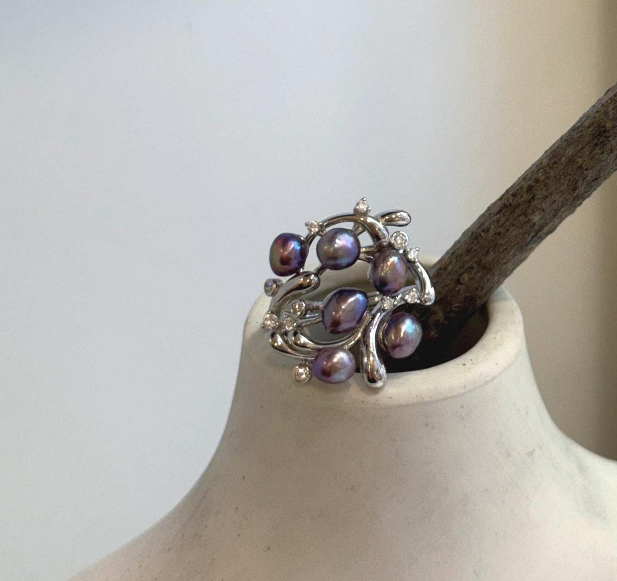 Mirror luster purple pearl floral ring handmade in sterling silver.
