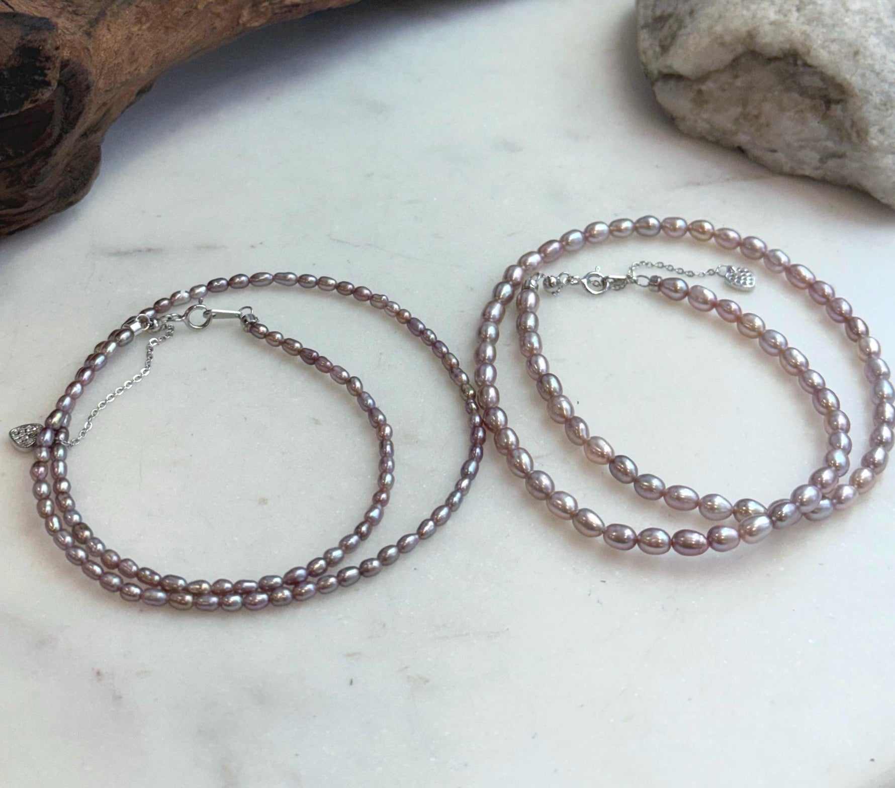 Genuine metallic rose rice pearl necklace with mirror luster.