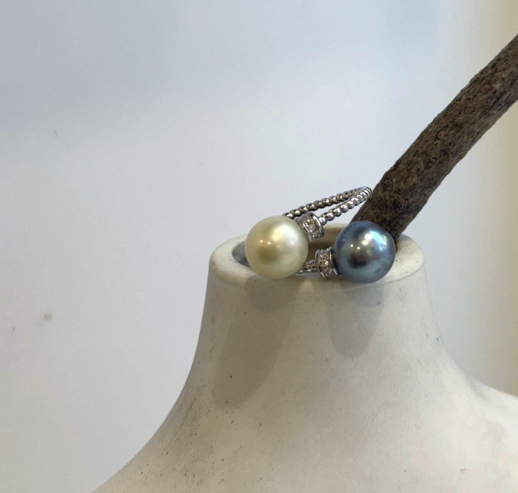 Elly’s Double South Sea Golden & Tahitian Pearl Ring | 9.4–9.5mm Genuine Saltwater Pearls | Mirror Luster | Adjustable S925 Silver
