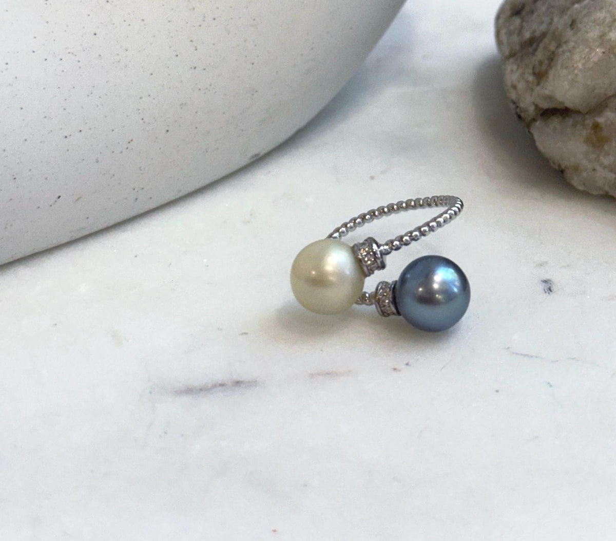 Elly’s Double South Sea Golden & Tahitian Pearl Ring | 9.4–9.5mm Genuine Saltwater Pearls | Mirror Luster | Adjustable S925 Silver
