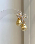 Genuine 11.4mm South Sea Golden Pearl earrings in elegant star and moon S925 sterling silver setting.