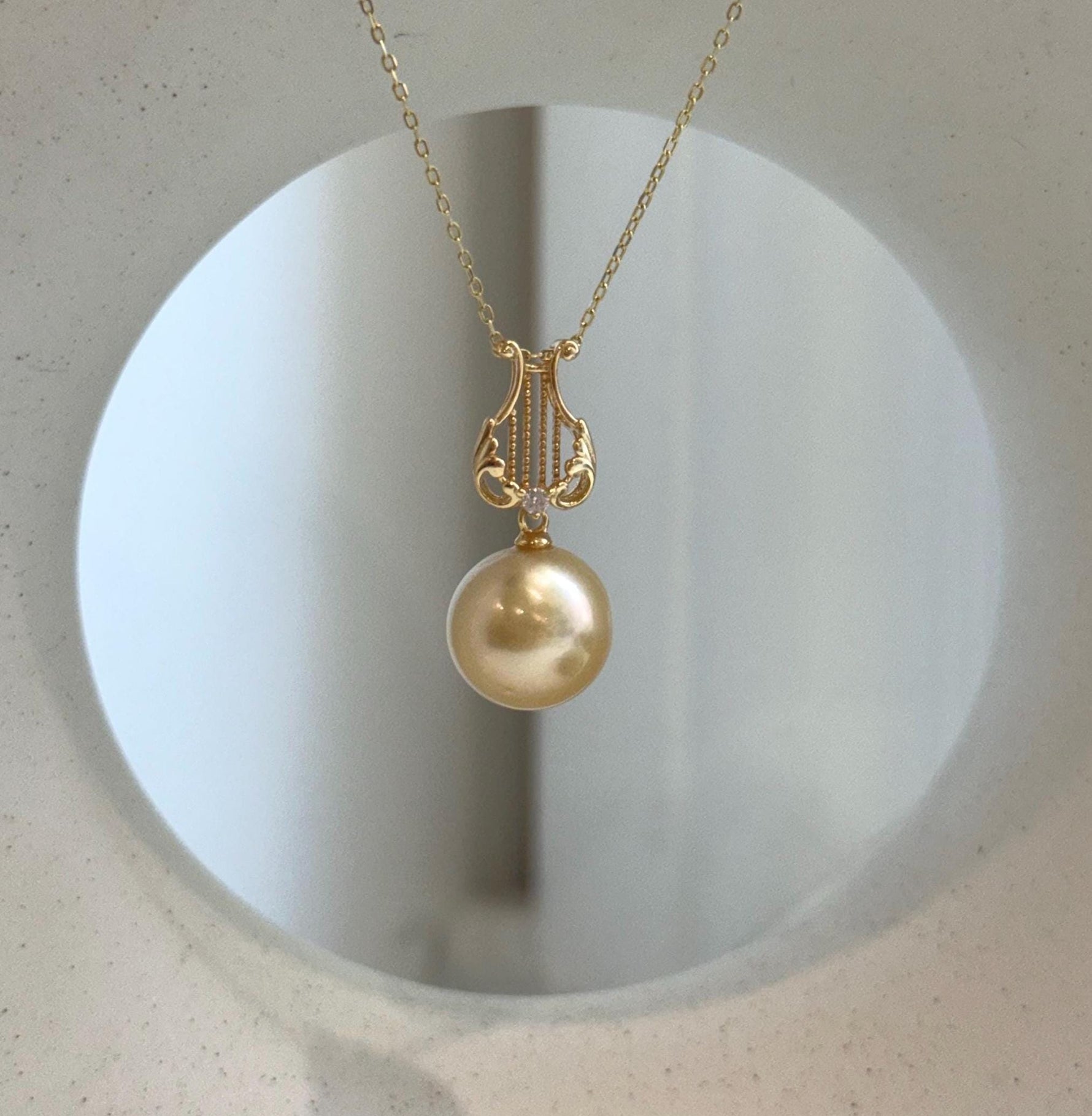 South Sea Ultra Gold Pearl Pendant, Genuine Golden Saltwater Pearl, Mirror Luster, Gold-Plated S925 Silver Lyra Pendant, Luxury Gift