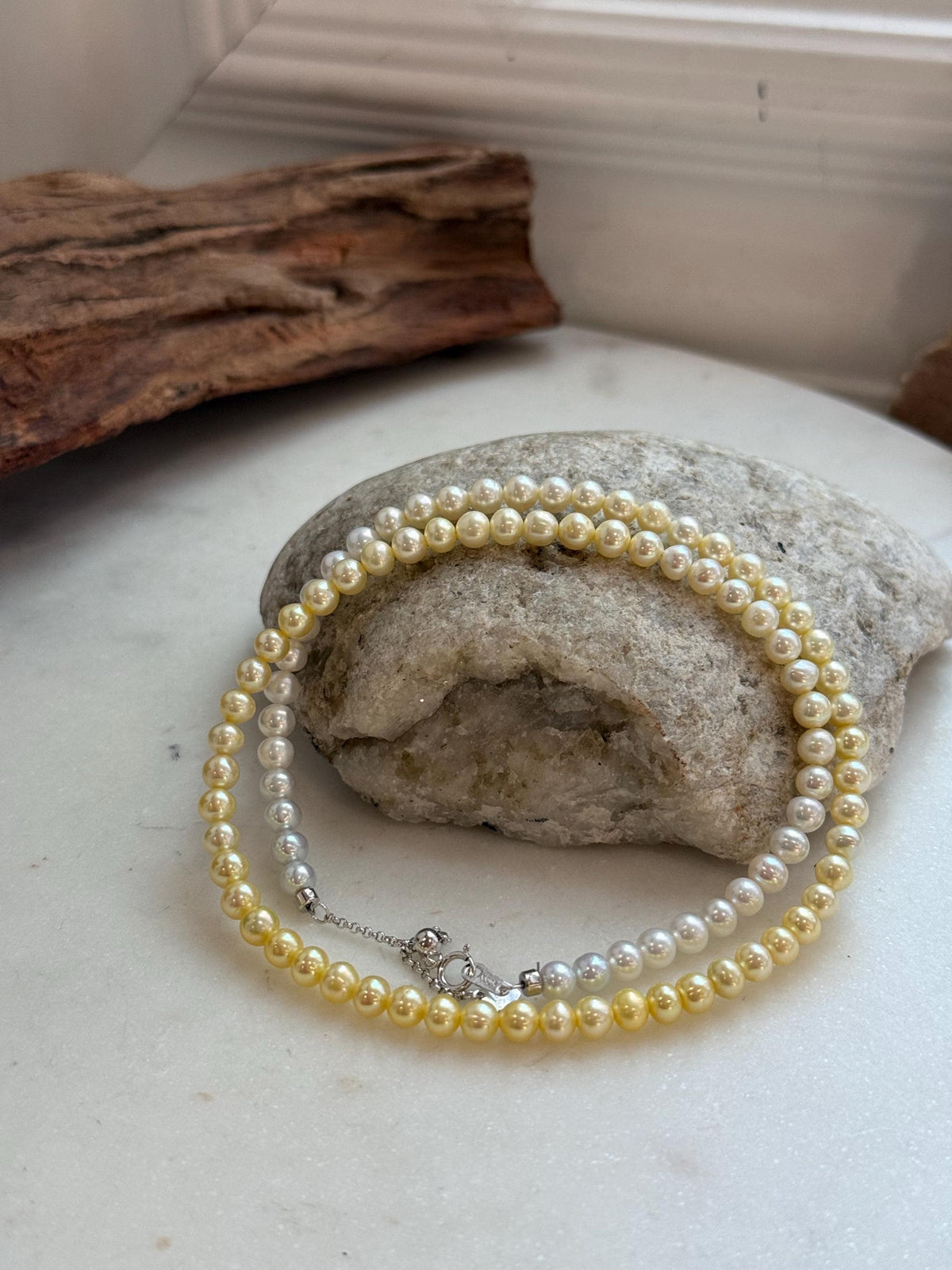 Elly’s 4.7–5mm White to Golden Gradient Freshwater Pearl Necklace | Genuine Pearl Strand | Mirror Luster | 18.9” | S925 Silver