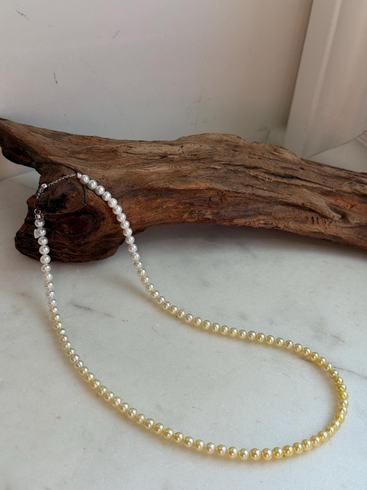 Elly’s 4.7–5mm White to Golden Gradient Freshwater Pearl Necklace | Genuine Pearl Strand | Mirror Luster | 18.9” | S925 Silver