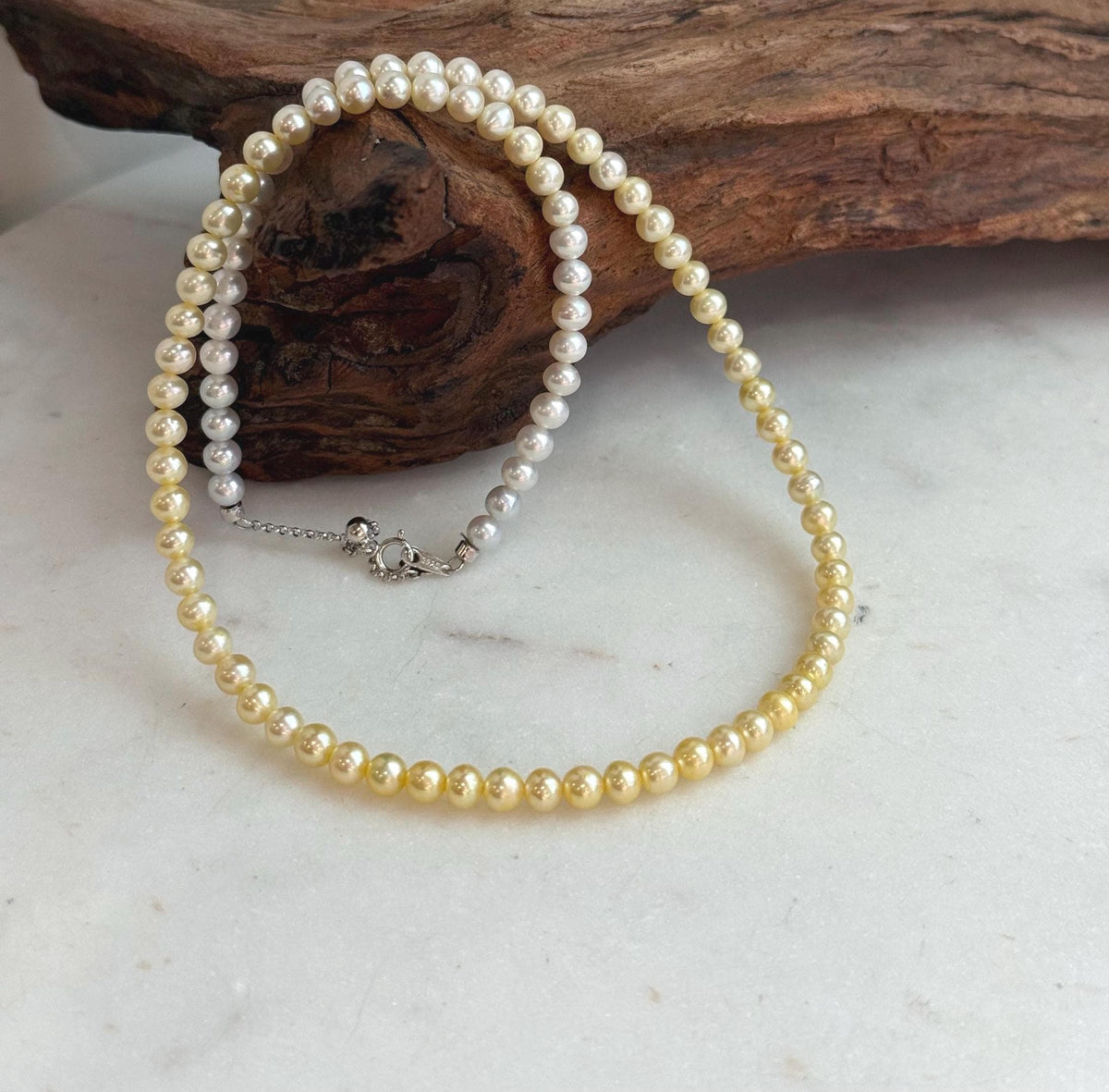 Elly’s 4.7–5mm White to Golden Gradient Freshwater Pearl Necklace | Genuine Pearl Strand | Mirror Luster | 18.9” | S925 Silver