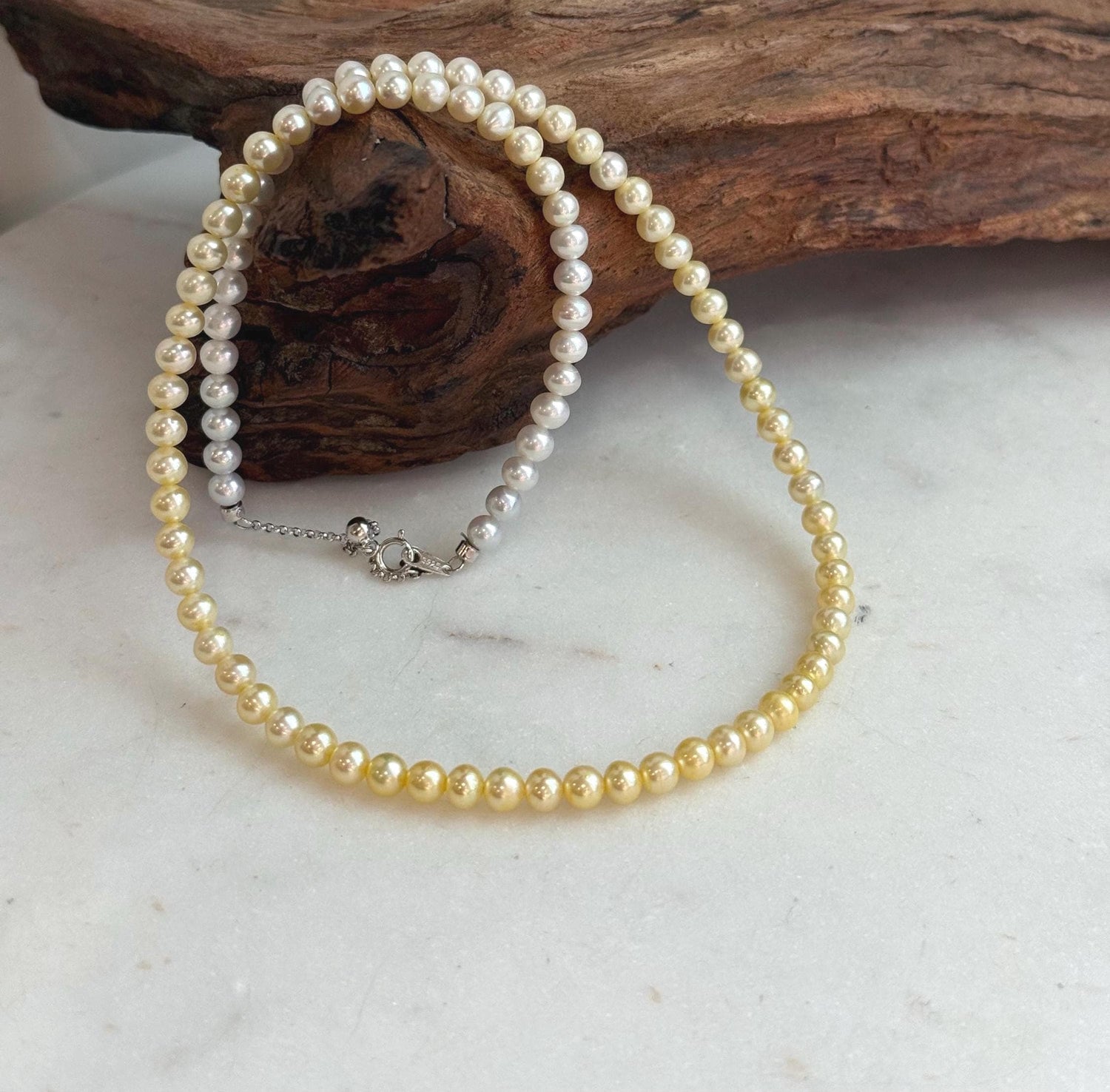 Elly’s 4.7–5mm White to Golden Gradient Freshwater Pearl Necklace | Genuine Pearl Strand | Mirror Luster | 18.9” | S925 Silver