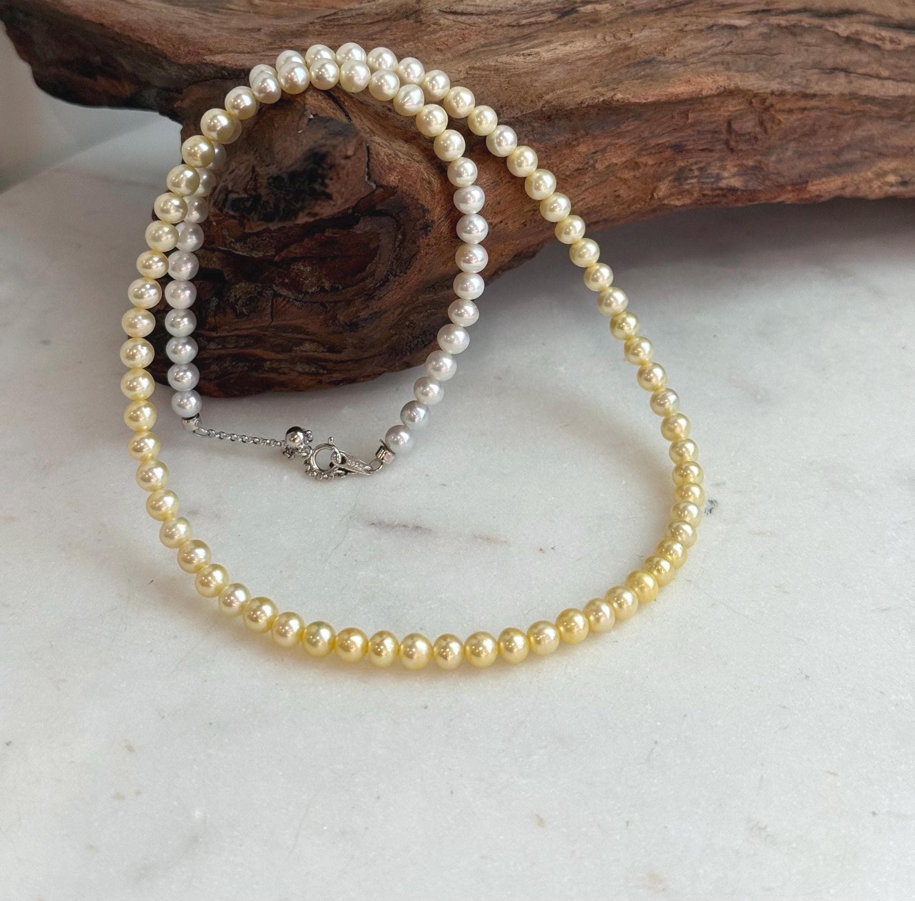 Elly’s 4.7–5mm White to Golden Gradient Freshwater Pearl Necklace | Genuine Pearl Strand | Mirror Luster | 18.9” | S925 Silver