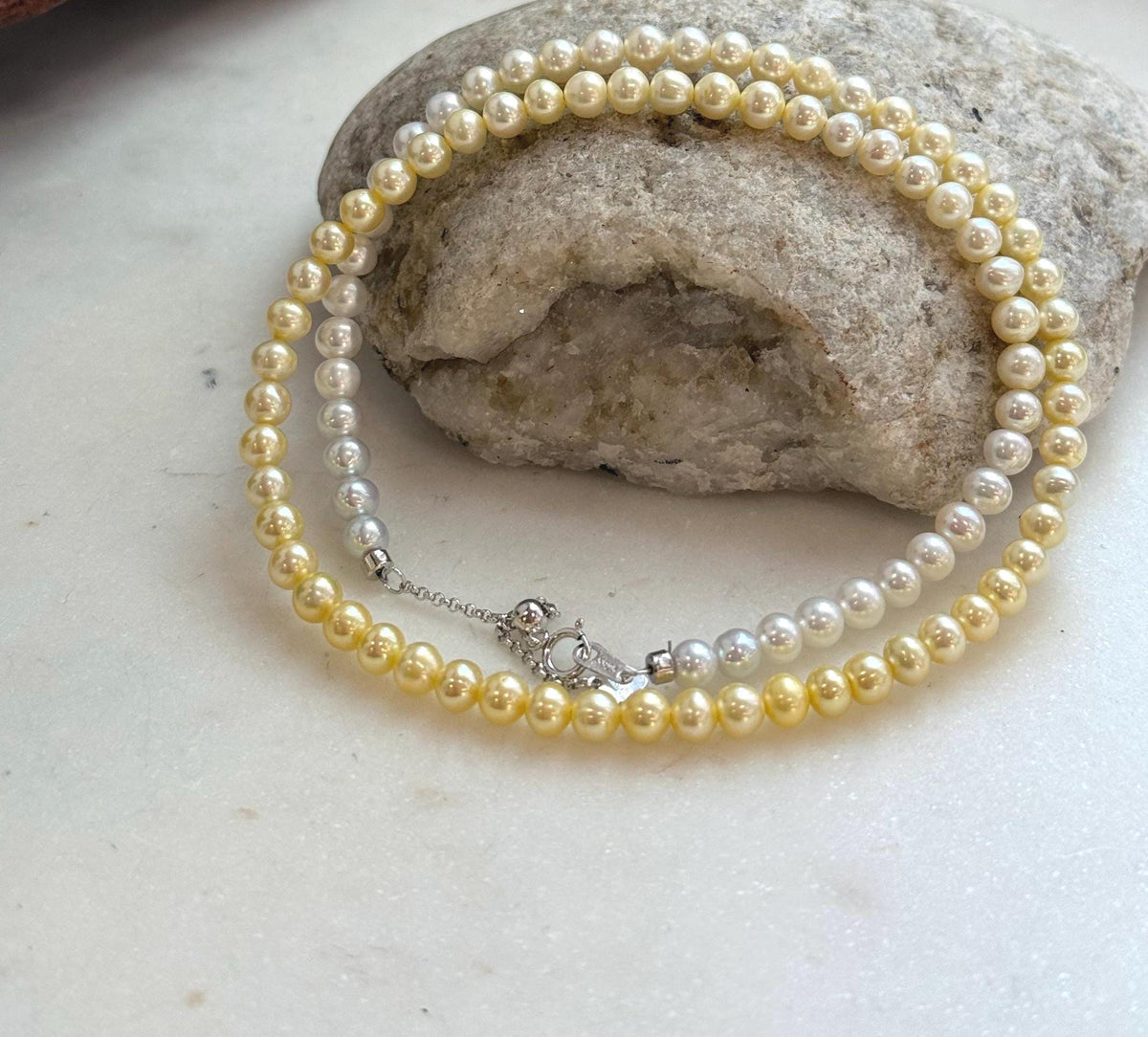 Elly’s 4.7–5mm White to Golden Gradient Freshwater Pearl Necklace | Genuine Pearl Strand | Mirror Luster | 18.9” | S925 Silver