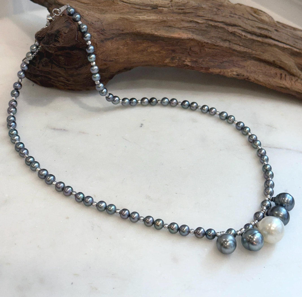 S925 sterling silver necklace with South Sea and Tahitian pearls
