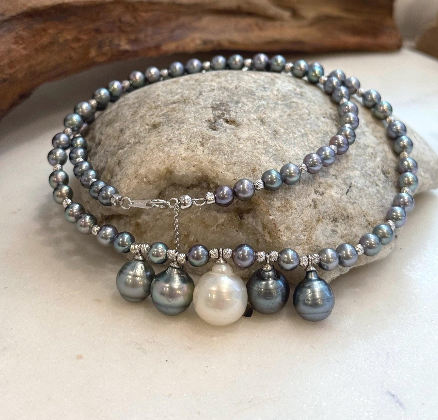Elly’s 5 South Sea White & Tahitian Pearl Necklace | 9.4–12.4mm Genuine Saltwater Pearls | Mirror Luster | S925 Silver