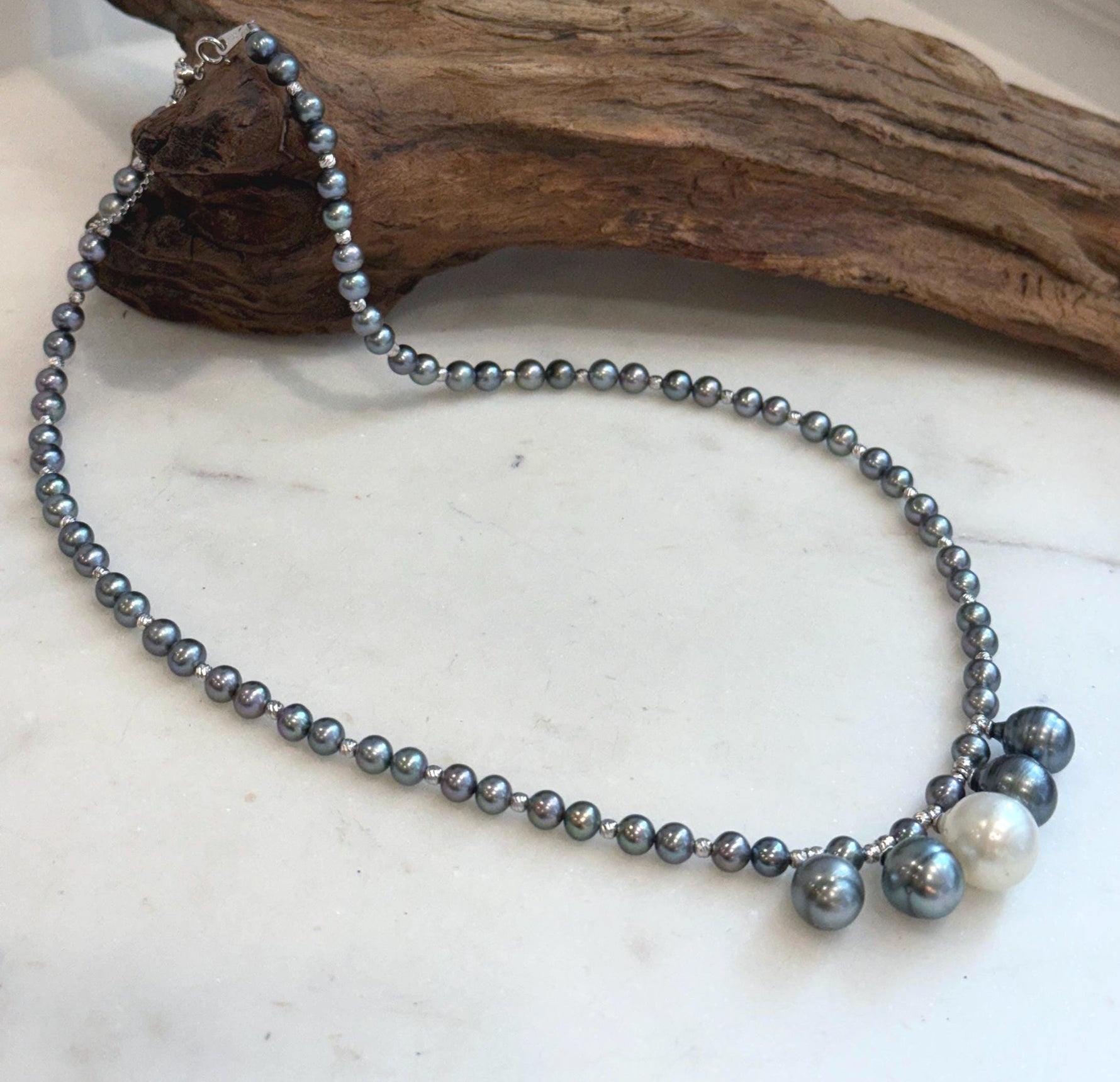 Elly’s 5 South Sea White & Tahitian Pearl Necklace | 9.4–12.4mm Genuine Saltwater Pearls | Mirror Luster | S925 Silver