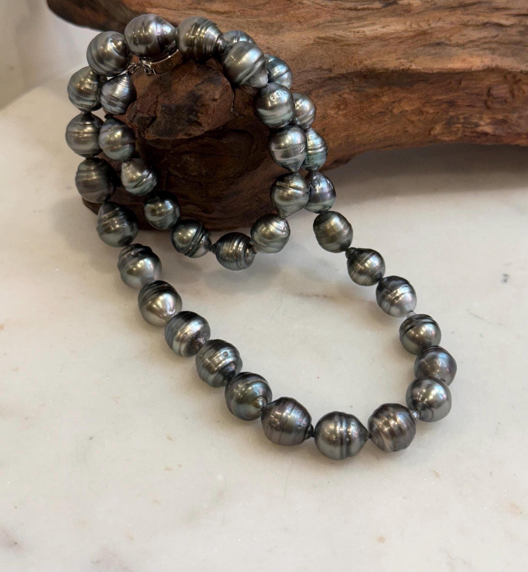Elly’s 8–10mm Tahitian Platinum Black Pearl Necklace | 37 Genuine Saltwater Pearls | Mirror Luster | Hand Knotted | 16.7” | S925 Silver