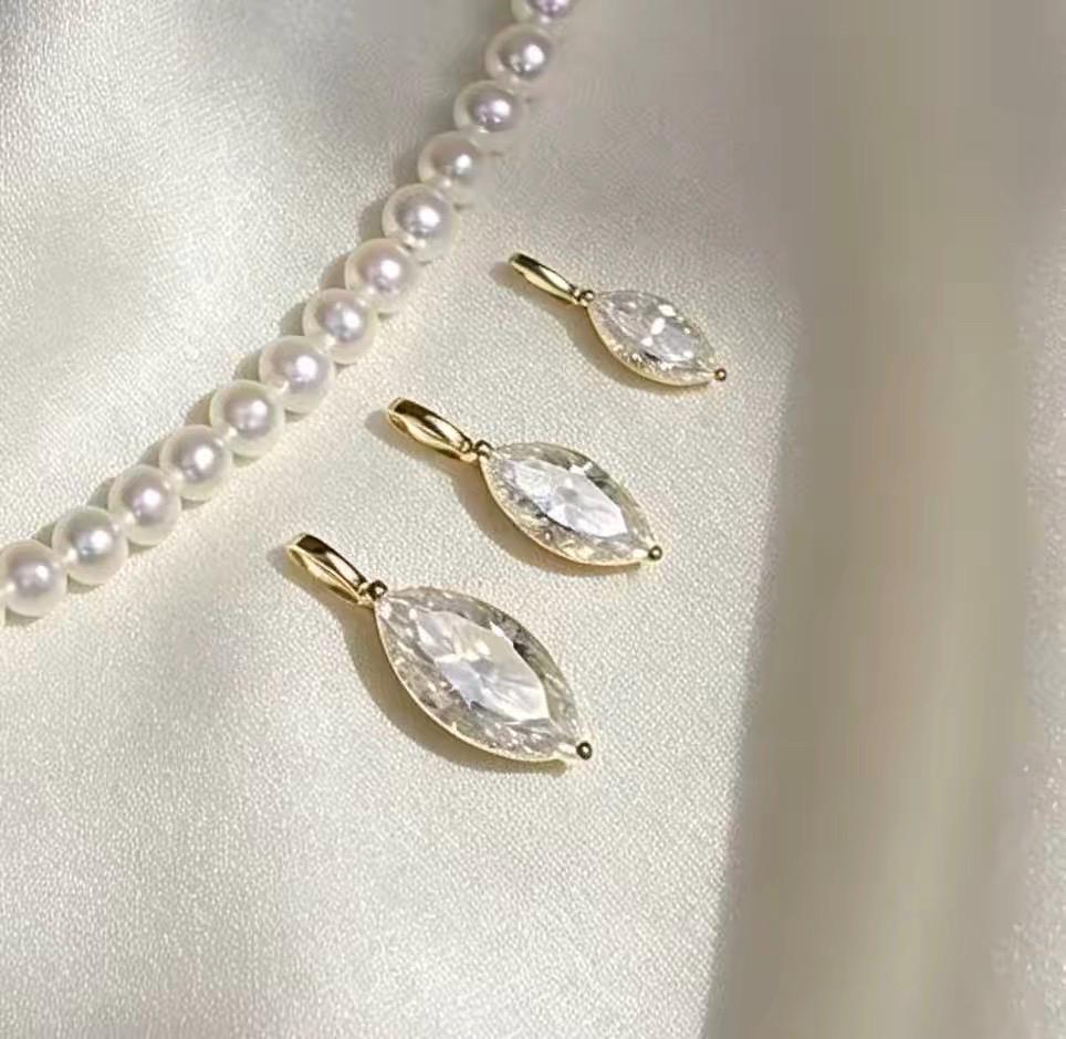 18K solid gold marquise cut moissanite pendant charm with brilliant sparkle for DIY jewelry making.