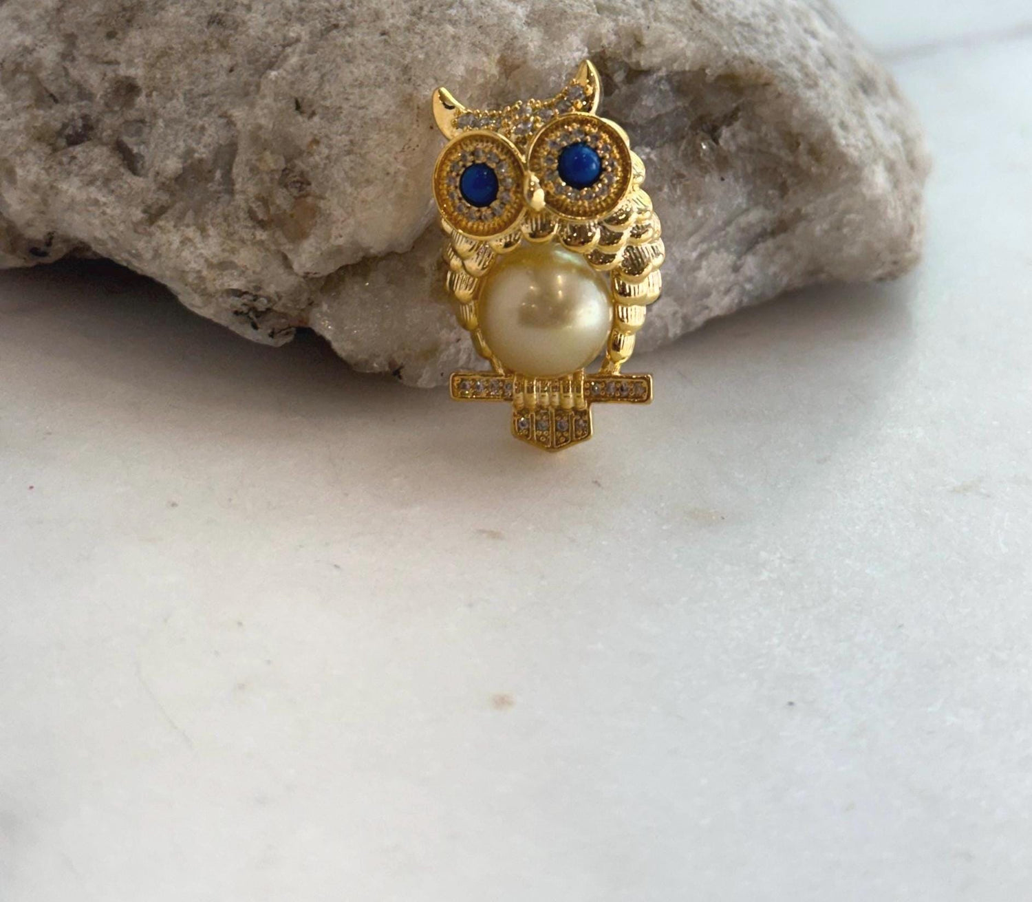 South Sea golden pearl owl brooch with genuine 10mm ocean pearl.