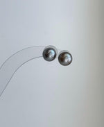 Gift-ready Tahitian platinum pearl stud earrings with mirror-like luster and sterling silver settings.