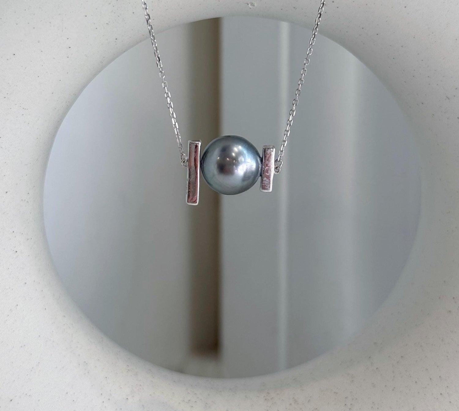 Elly’s double South Sea golden and Tahitian pearl pendant with genuine 8.3–8.9mm saltwater pearls.