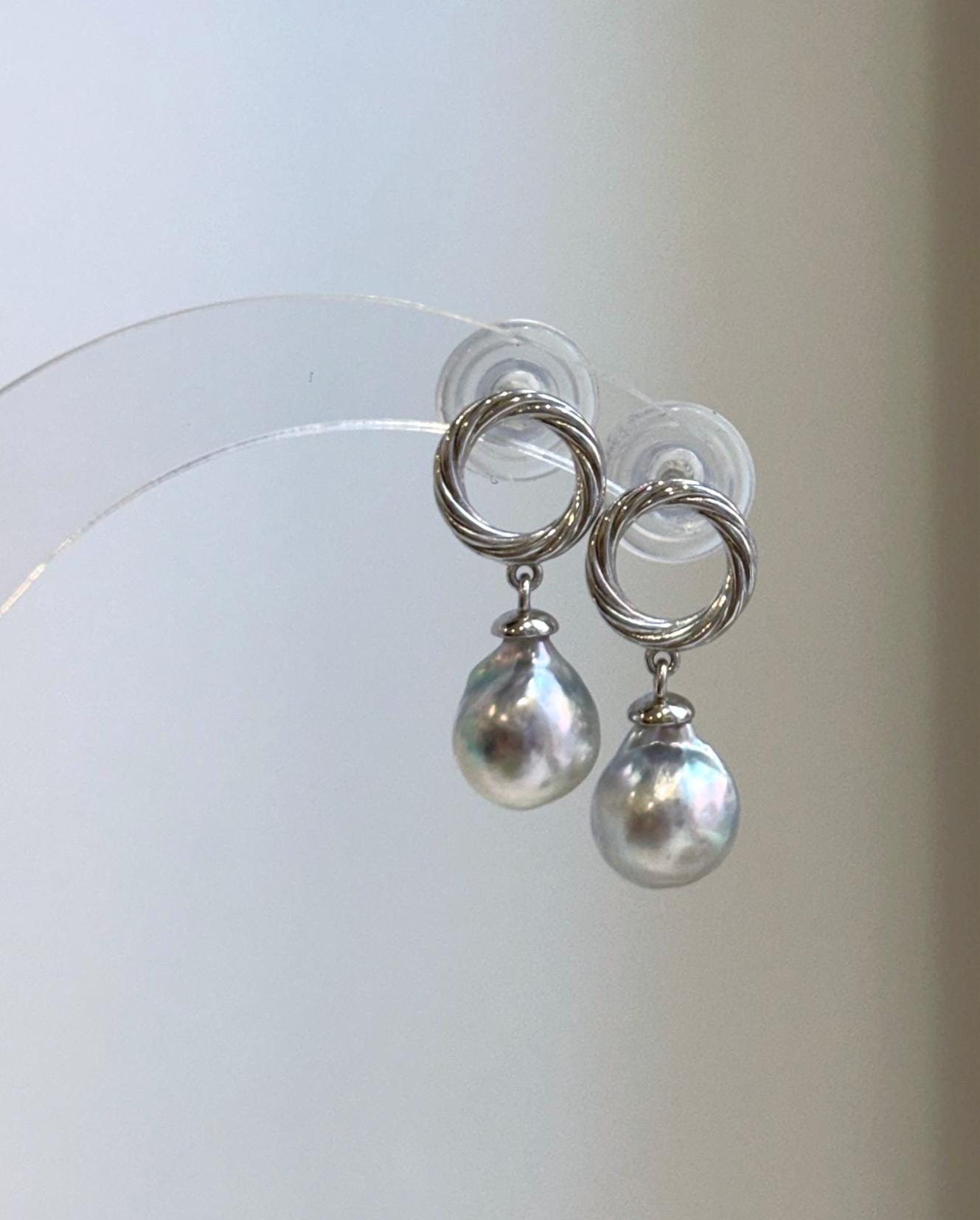 Genuine Akoya saltwater pearl earrings in natural blue silver color, 8.7mm pearls