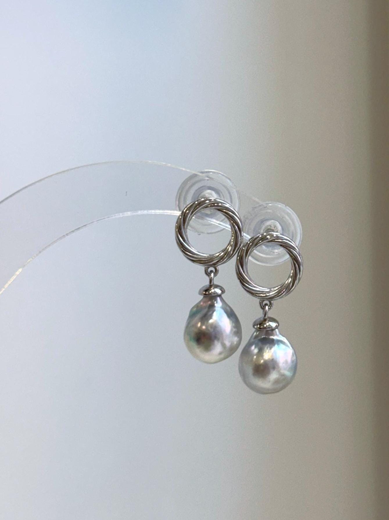 8.7mm Japanese Akoya ocean pearl earrings with elegant blue silver tones