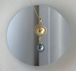 Elly’s double South Sea Golden and Tahitian pearl pendant with genuine 9.5-10.2mm saltwater pearls in S925 sterling silver.
