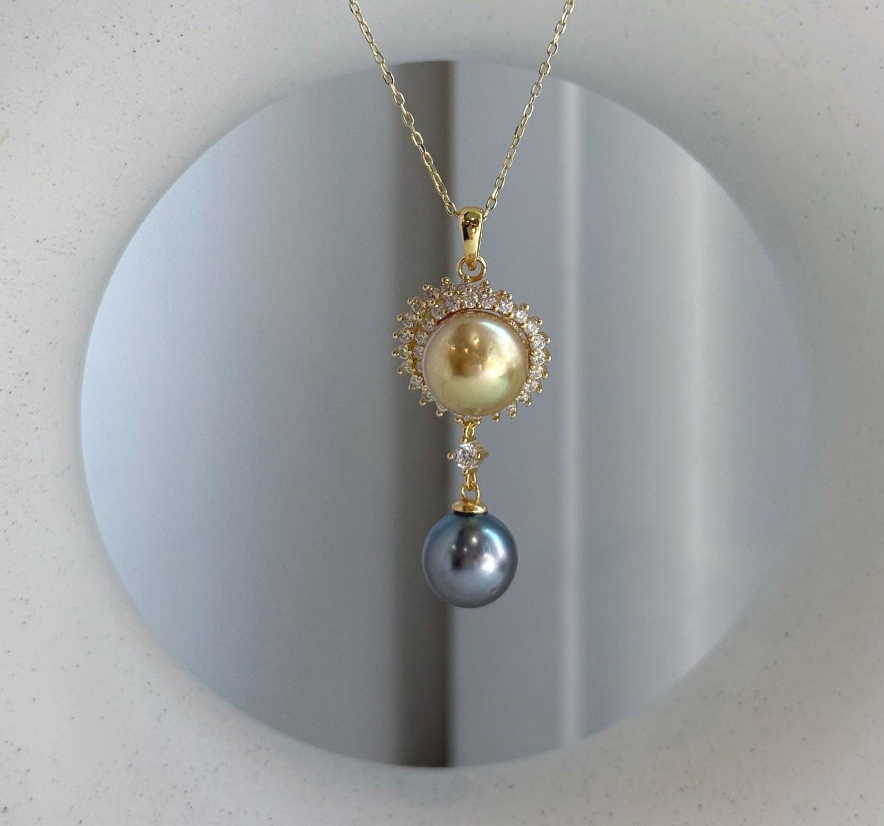 Elly’s double South Sea Golden and Tahitian pearl pendant with genuine 9.5-10.2mm saltwater pearls in S925 sterling silver.