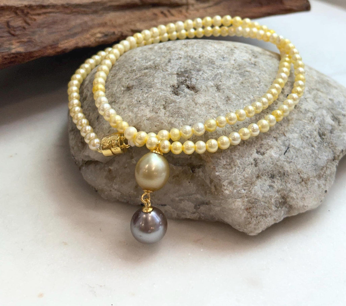 Tahitian and South Sea golden pearl drop pendant with golden freshwater pearl necklace.