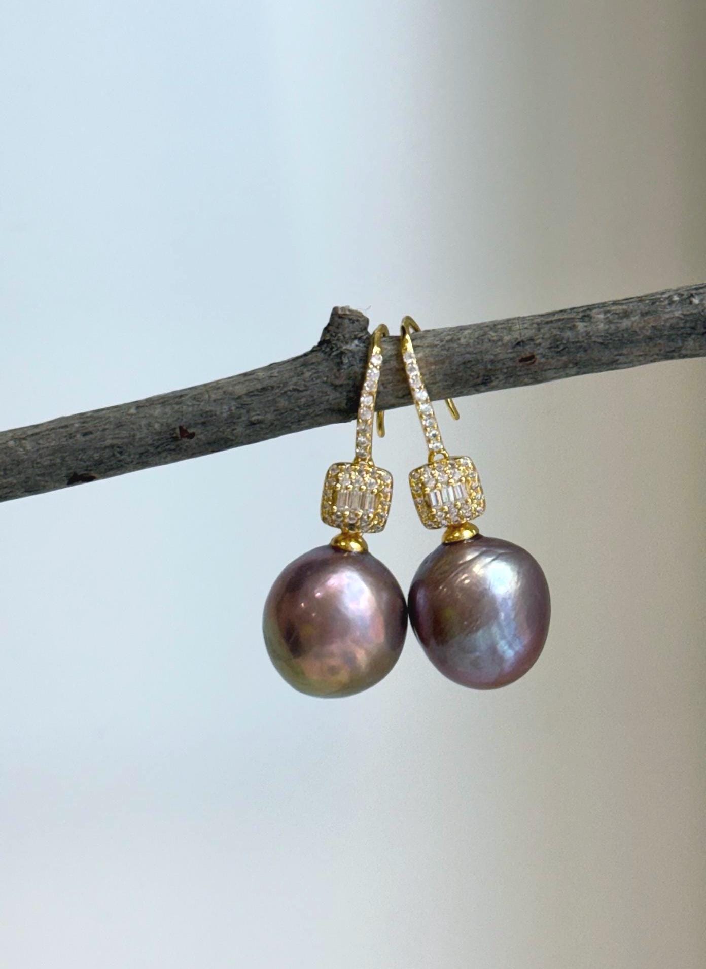 Natural Edison pearl earrings with rich pink lavender and rose gold overtones in S925 sterling silver.