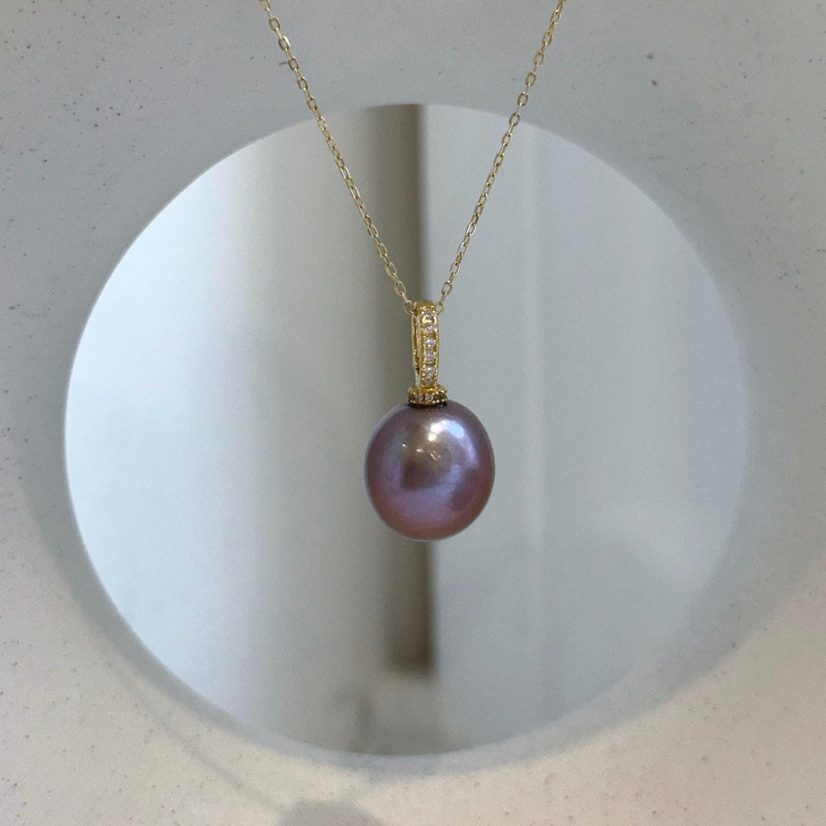 Elly’s 13.6mm Edison lavender Rose pearl Pendant: Extreme luster mirrored, 2.5cm high, S925 silver minimalist pendant.