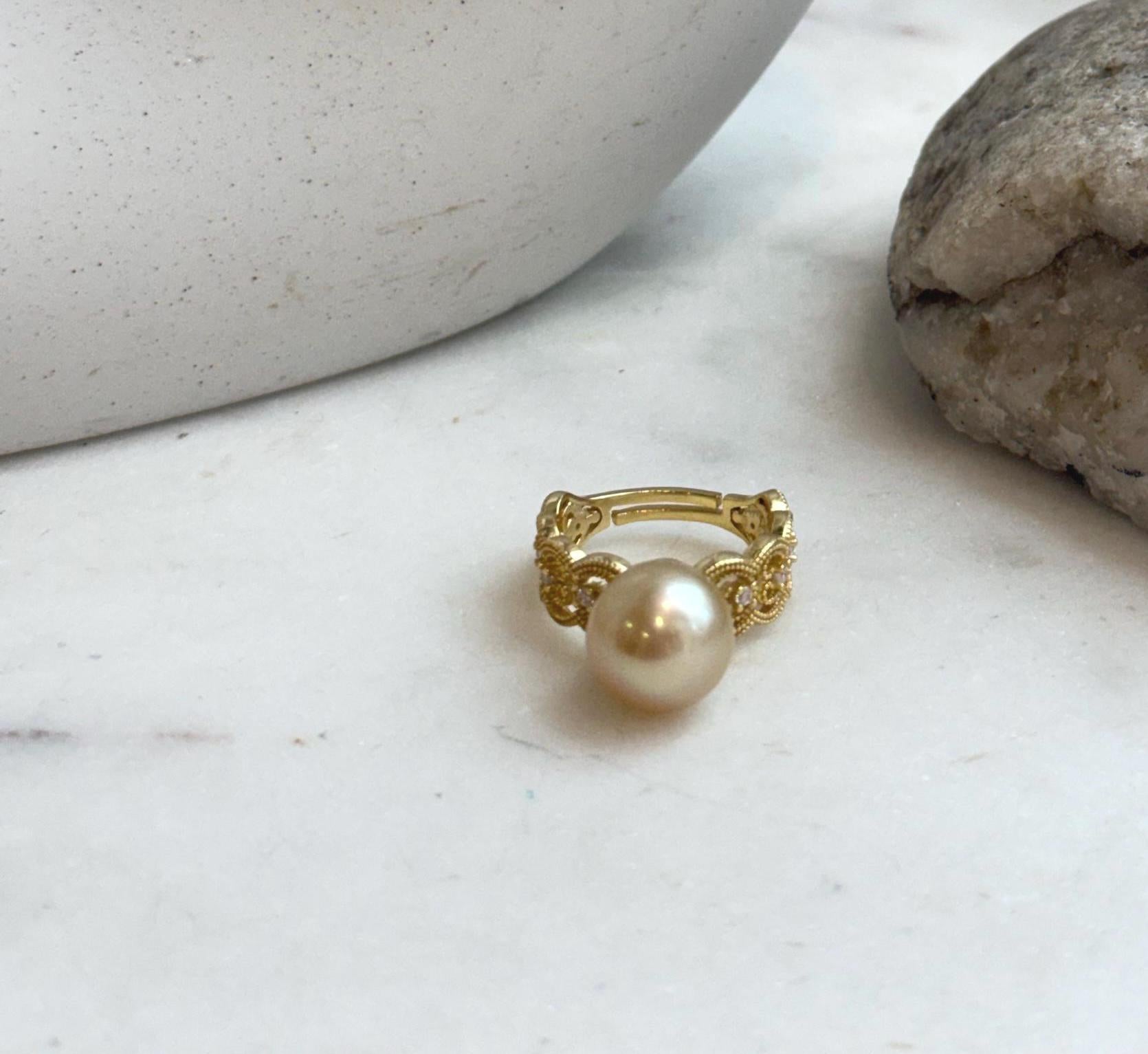 Gold plated S925 sterling silver lace pearl ring