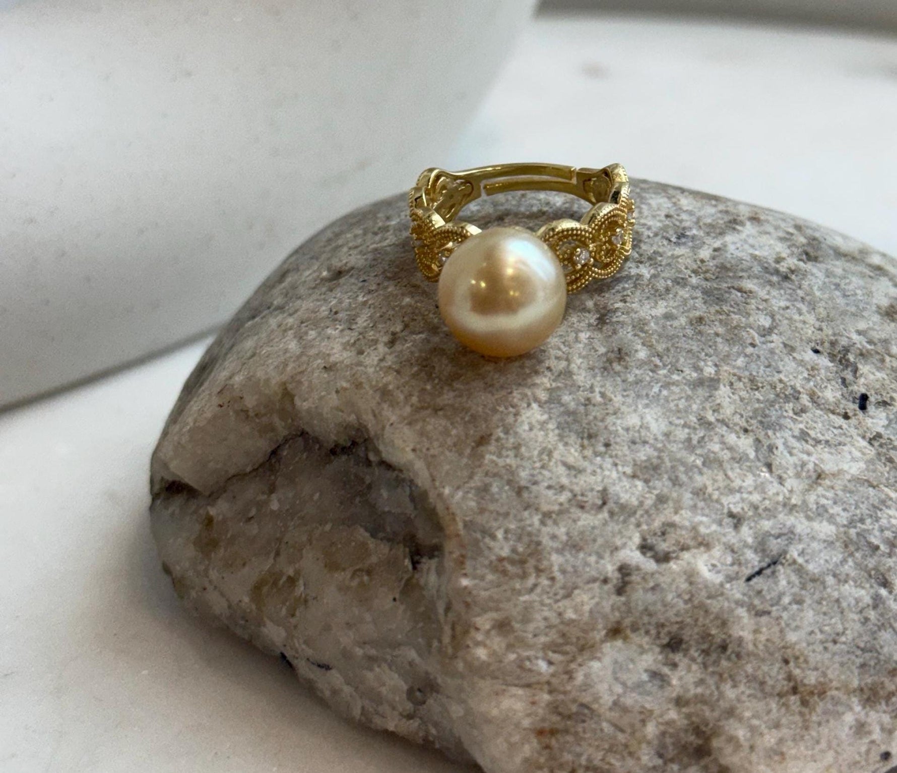 Adjustable lace ring featuring 11.1mm golden saltwater pearl