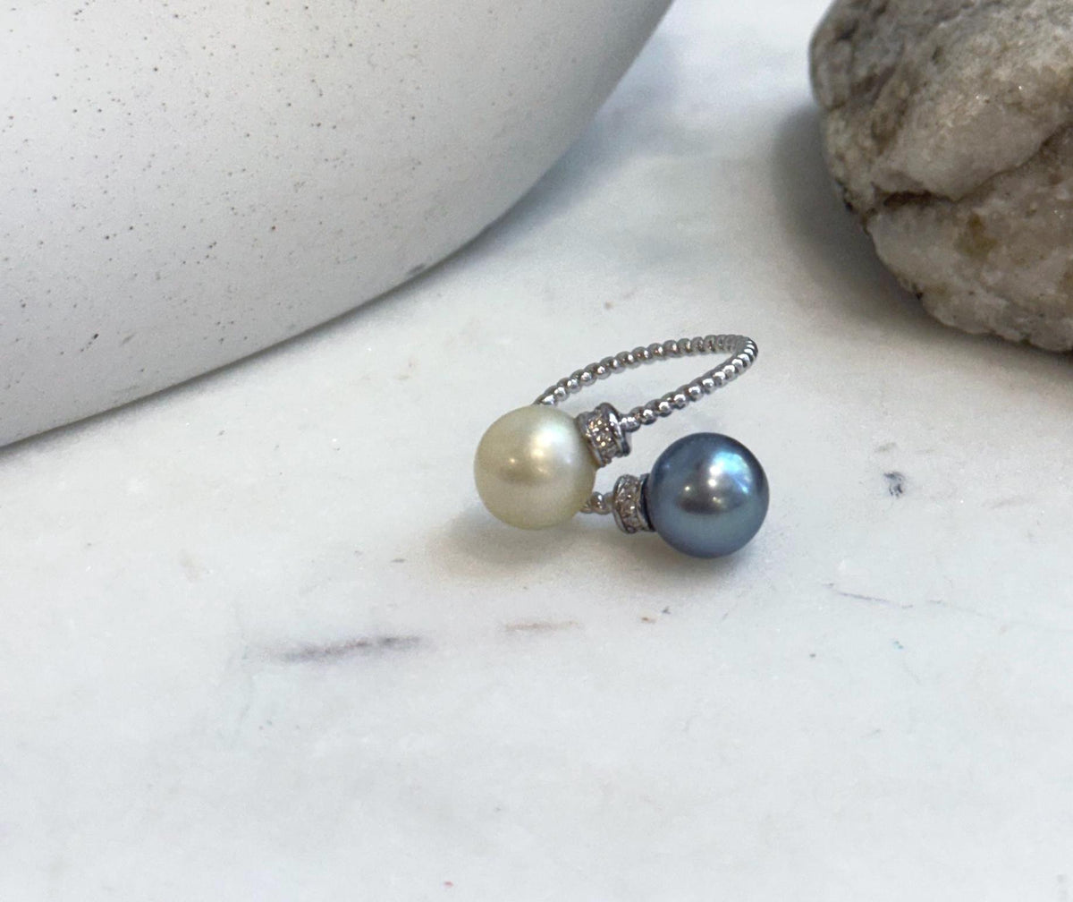 Elly’s Double South Sea Golden & Tahitian Pearl Ring | 9.4–9.5mm Genuine Saltwater Pearls | Mirror Luster | Adjustable S925 Silver