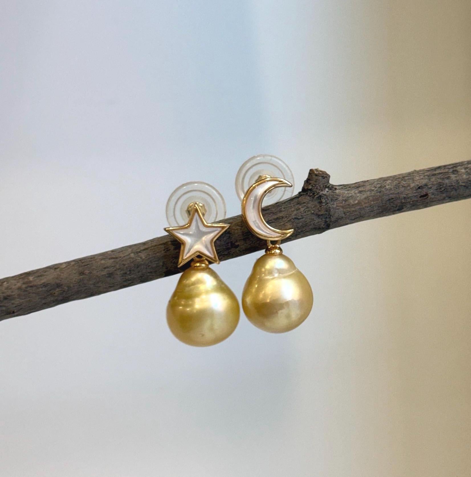Elly’s 11.4mm South Sea Golden Pearl Star Moon Earrings with mirror luster genuine saltwater pearls.