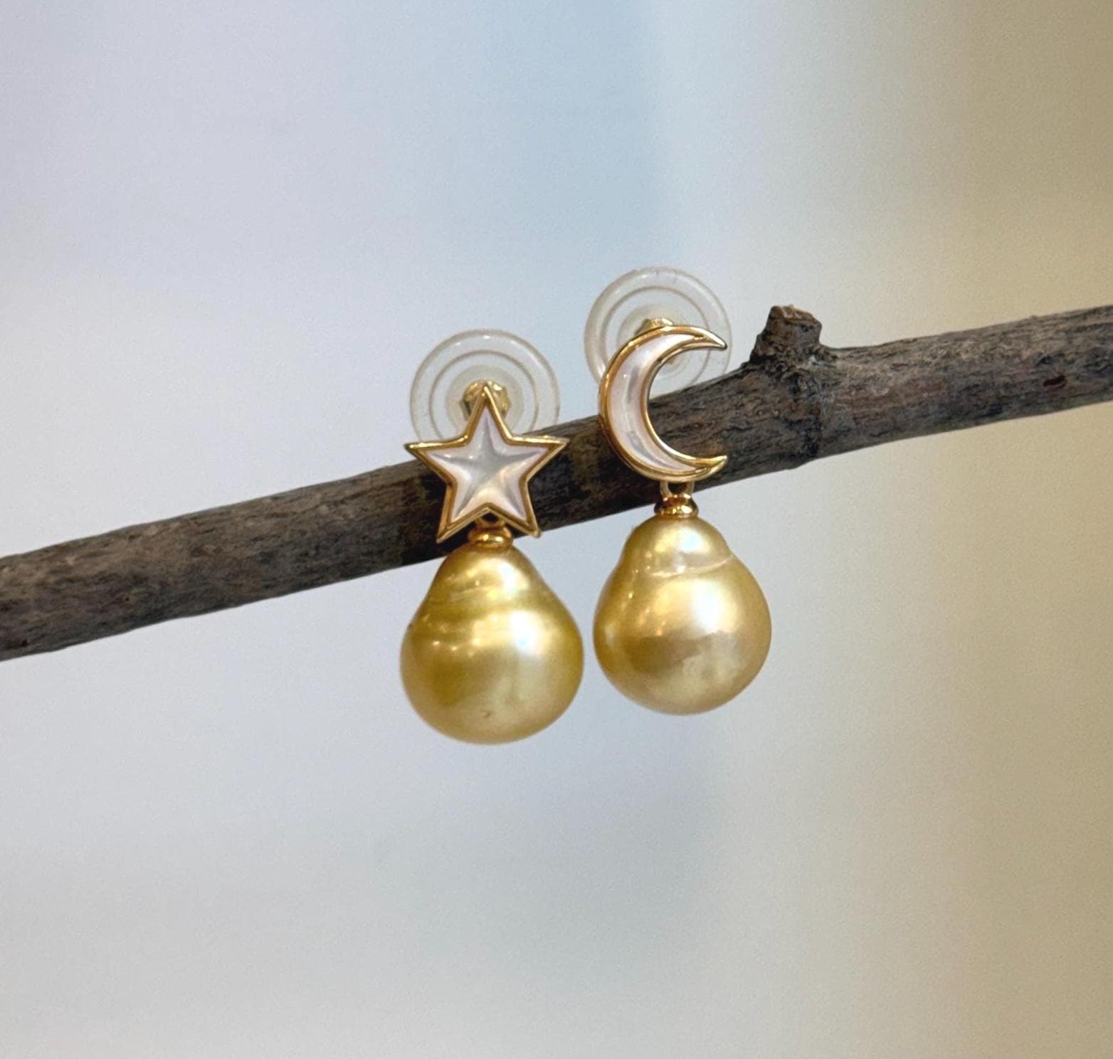 Minimalist South Sea Golden Pearl star moon earrings handcrafted in S925 sterling silver.