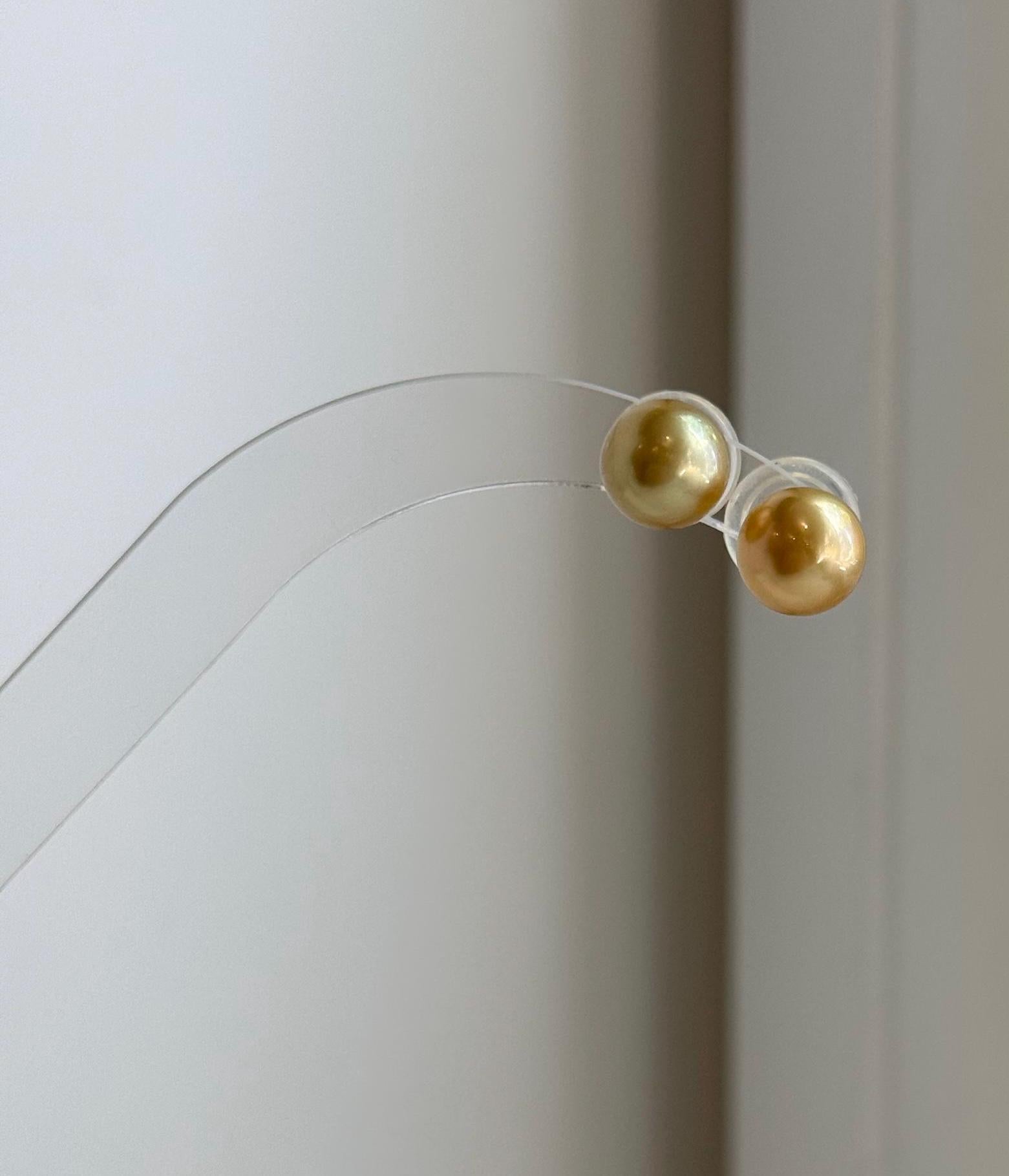 Round 8.8mm golden ocean pearl earrings with extreme mirror luster