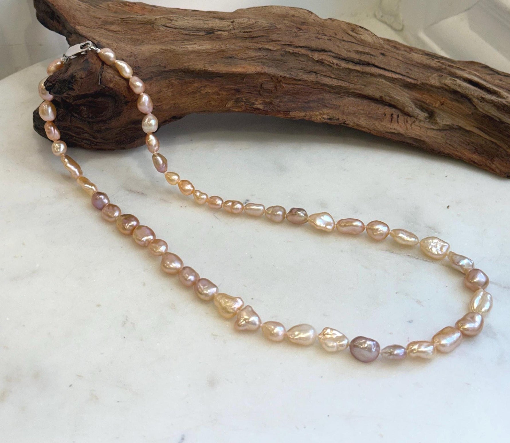 Elly’s 5.6-9mm Freshwater Peach Rose Gold Keshi Pearl Necklace Choker | Extreme Mirror Luster | Hand Knotted | 19.7” | S925 Silver